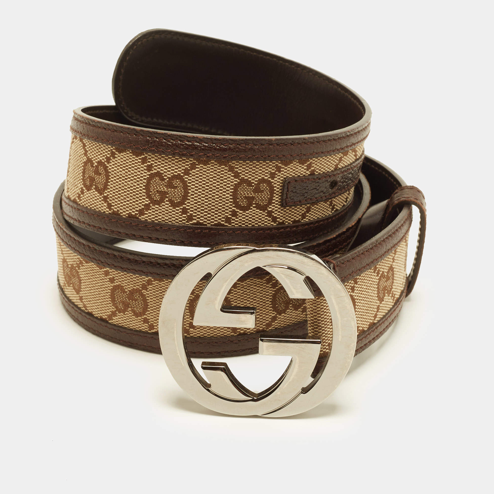 Pre Owned Gucci Interlocking G 85 CM Buckle Belt Beige/Brown GG Canvas and Leather