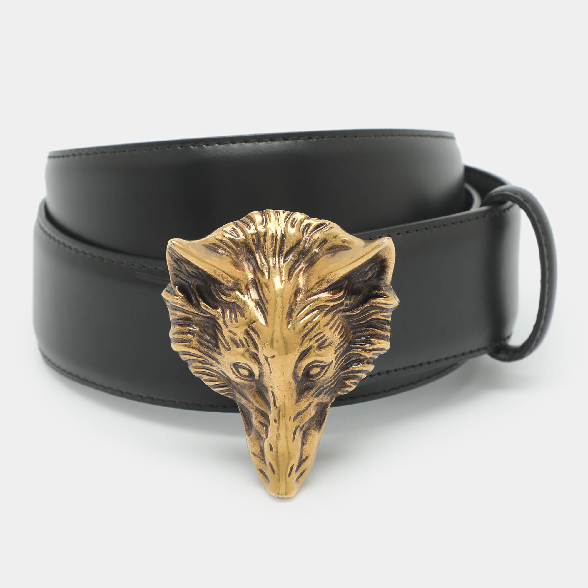 Pre Owned Gucci Wolf 110 cm Buckle Belt Black Leather