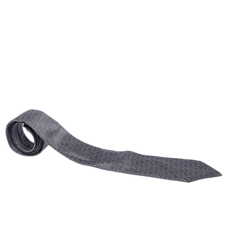 Pre Owned Gucci Grey Saddle Pattern Jacquard Silk Tie