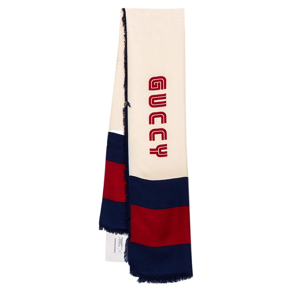 Gucci Cream Silk Modal Guccy Print Web Striped Shawl