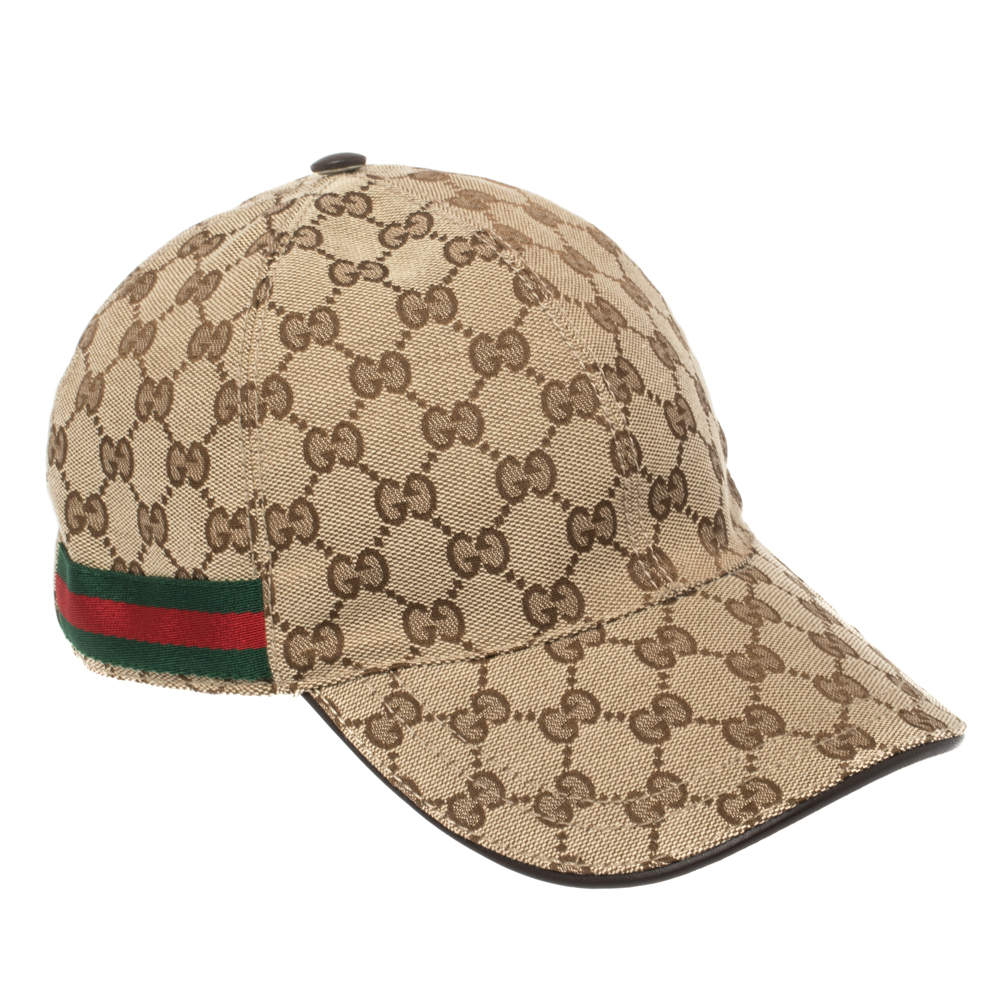 Pre Owned Gucci Beige Logo Monogram Web Stripe Detail Canvas Baseball Cap XL