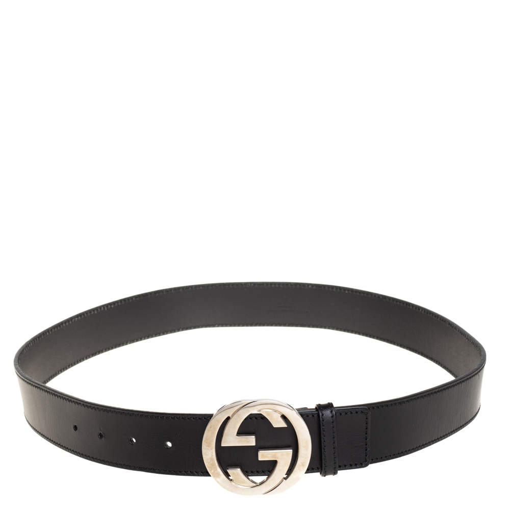 Pre Owned Gucci Black Leather Interlocking G Buckle Belt 95CM