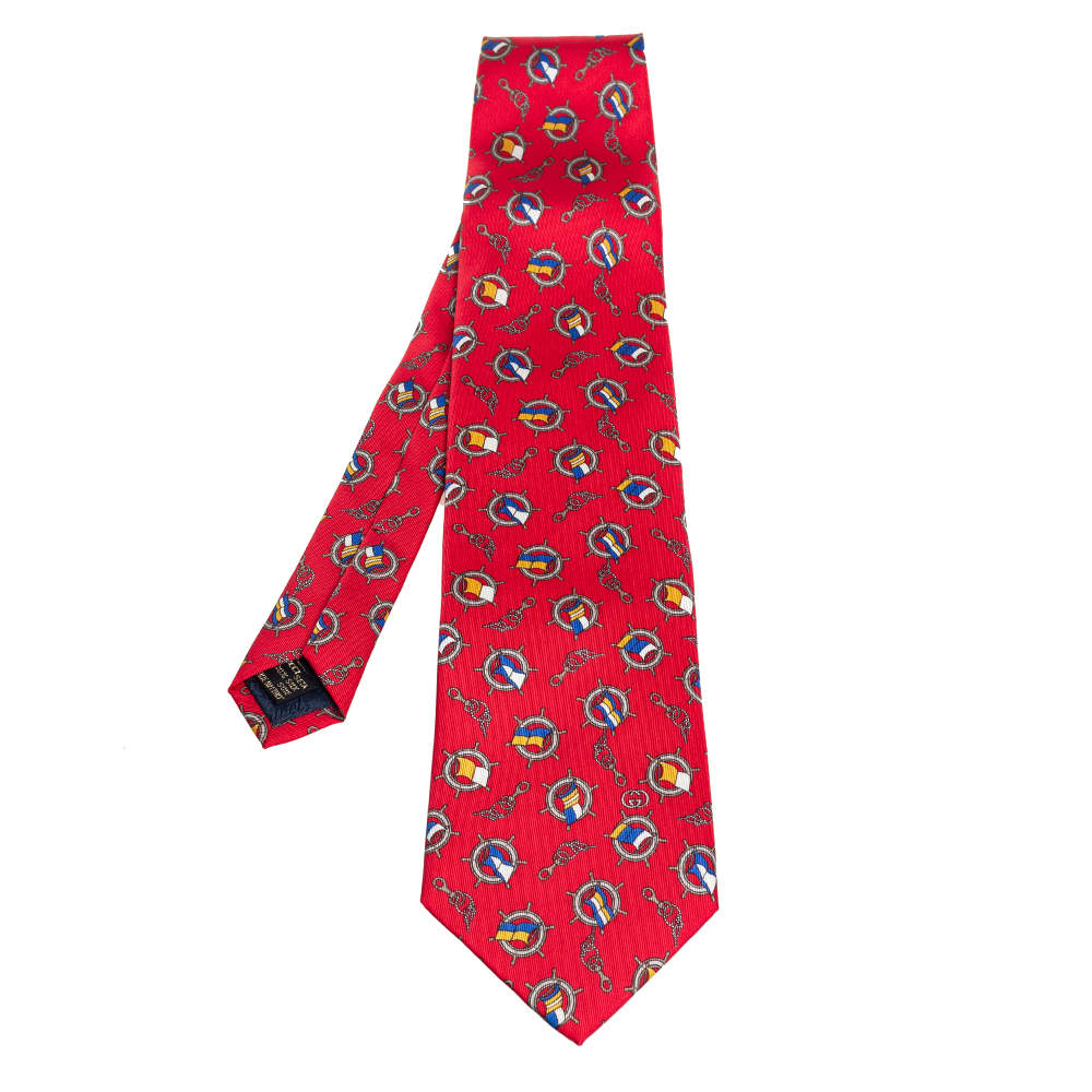 Gucci Vintage Red Nautical Print Silk Tie