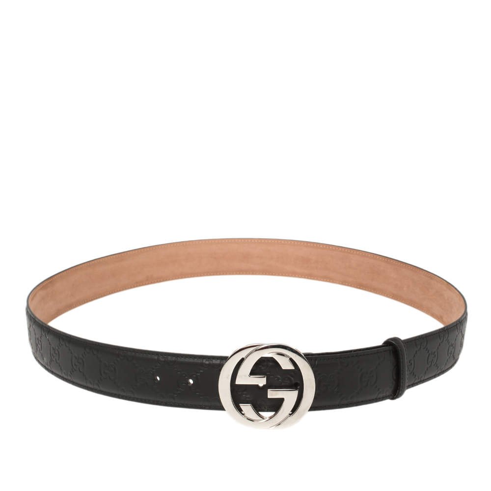 Pre Owned Gucci Black Guccissima Leather Interlocking G Buckle Belt 115CM