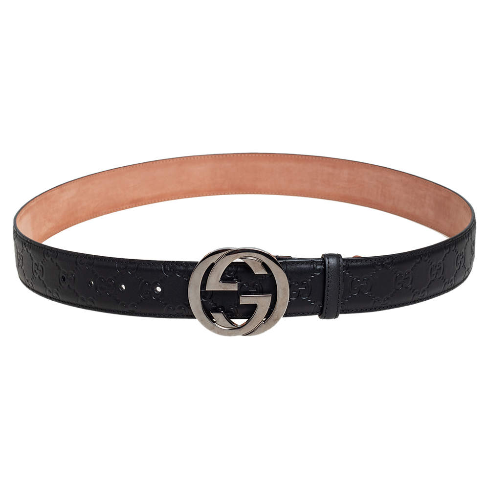 مملوكة مسبقًا Gucci Black Guccissima Leather Interlocking G Buckle Belt 100CM
