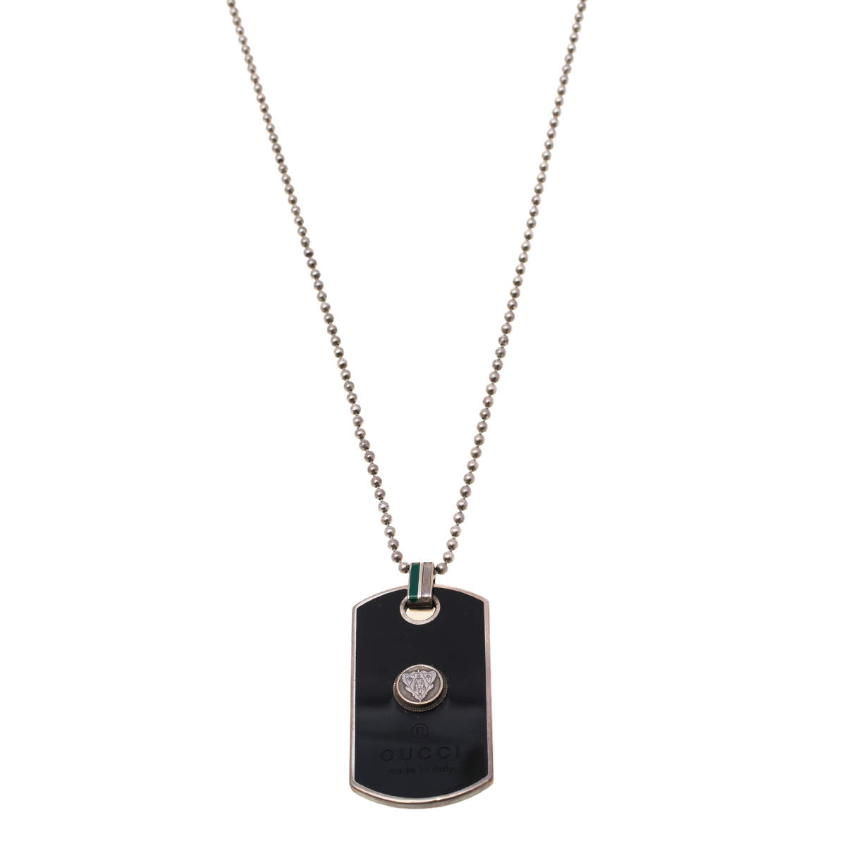 Pre Owned Gucci Sterling Silver Black Dog Tag Pendant Necklace