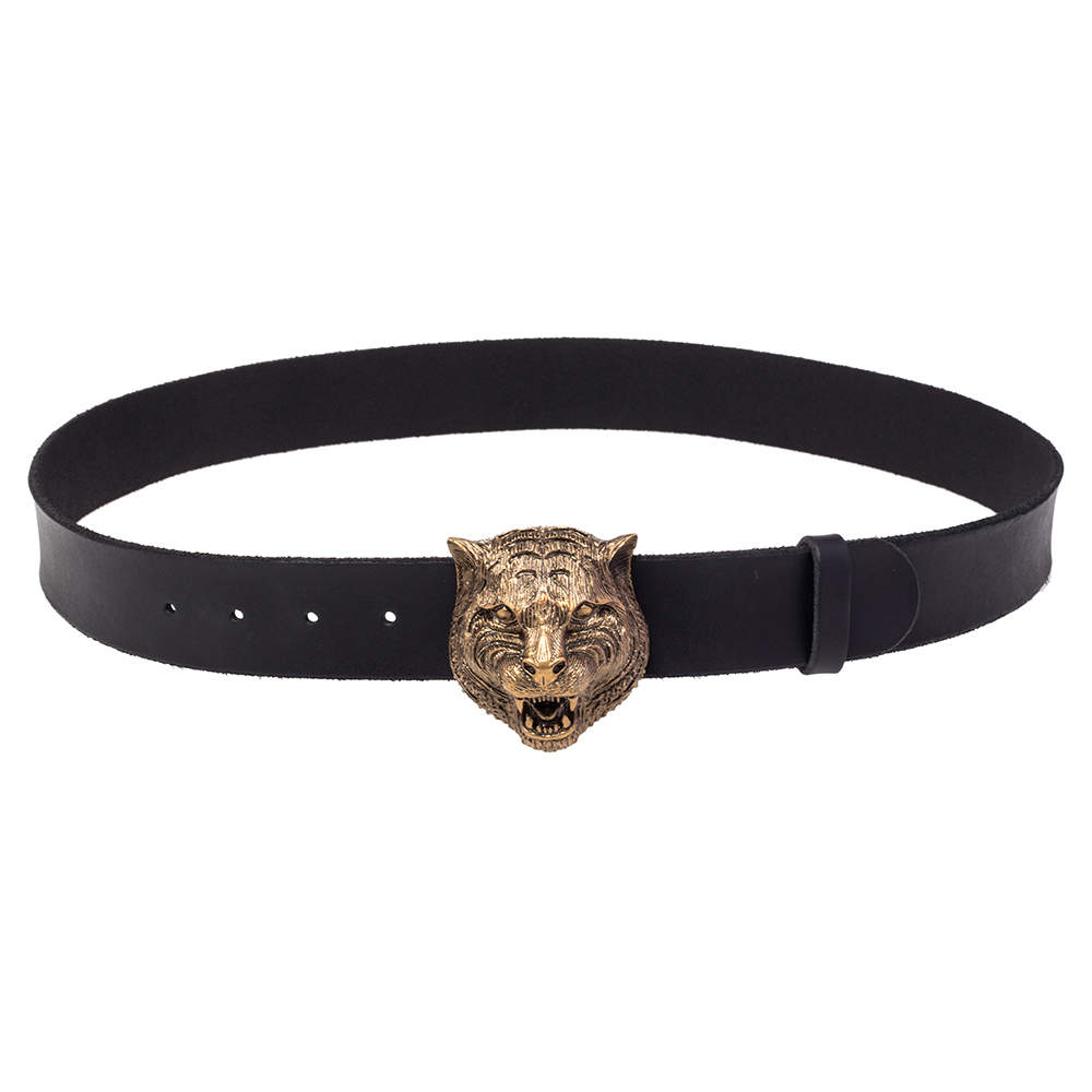 Gucci Black Leather Feline Buckle Belt Size 100CM