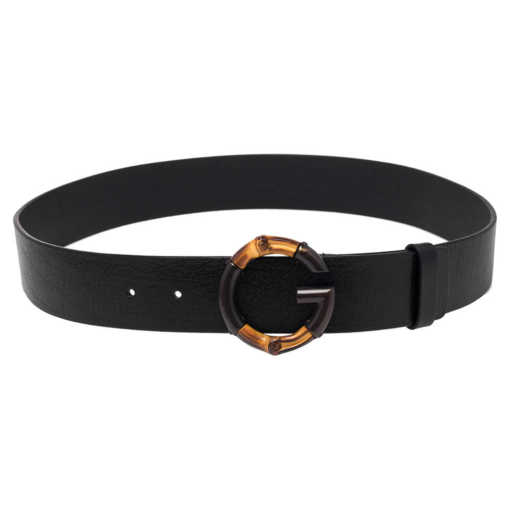 Pre Owned Gucci Black Leather G Bamboo Buckle Belt 85 CM