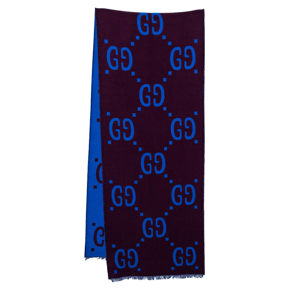 Gucci Brown & Blue Monogram Jacquard Wool Stole