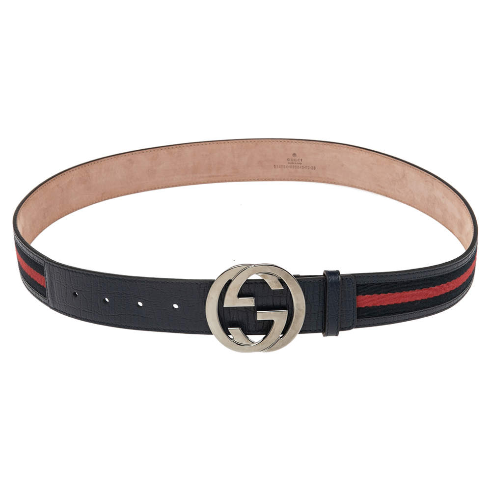Gucci Navy Blue Web Canvas and Leather Interlocking GG Buckle Belt 95CM ...