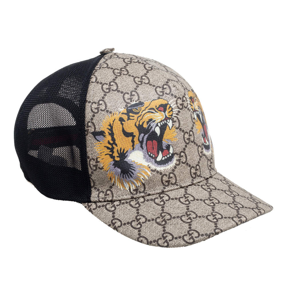 Pre Owned  Gucci Beige GG Supreme Tiger Print Synthetic Baseball Cap XL