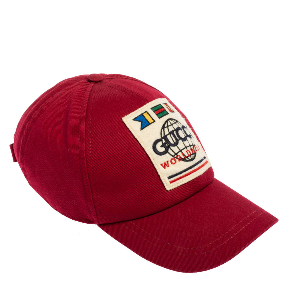 Pre Owned Gucci Red World Wide Applique Cotton Baseball Cap (60)