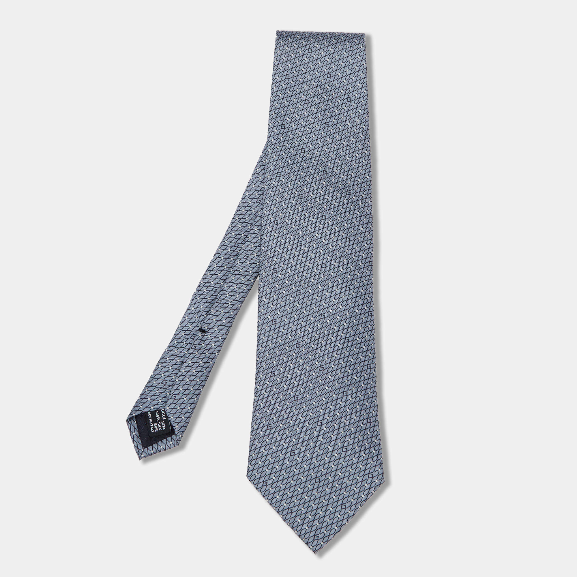 Pre Owned Gucci Blue Printed Silk Traditional Tie 