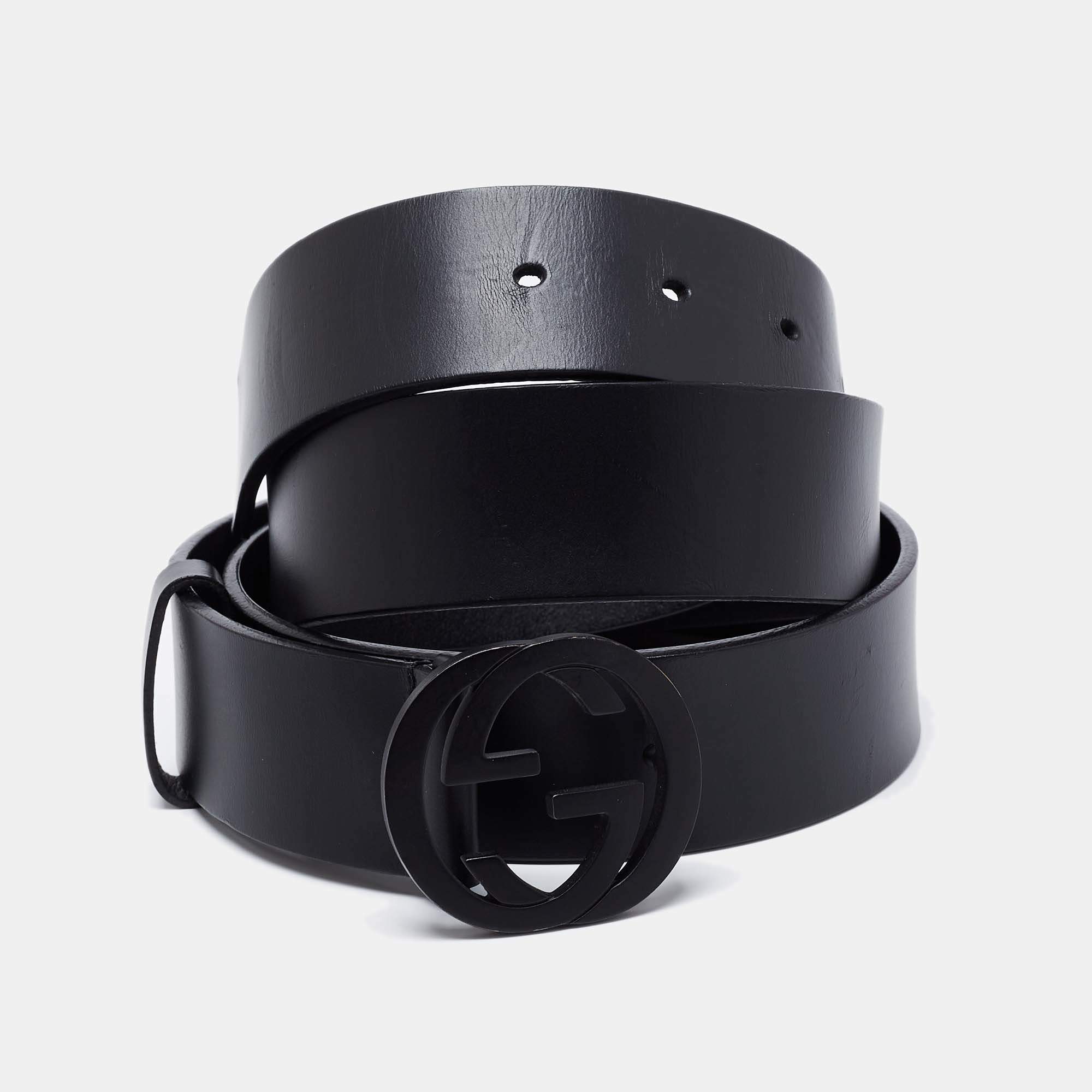 مملوكة مسبقًا Gucci Black Leather Interlocking G Buckle Belt 105CM