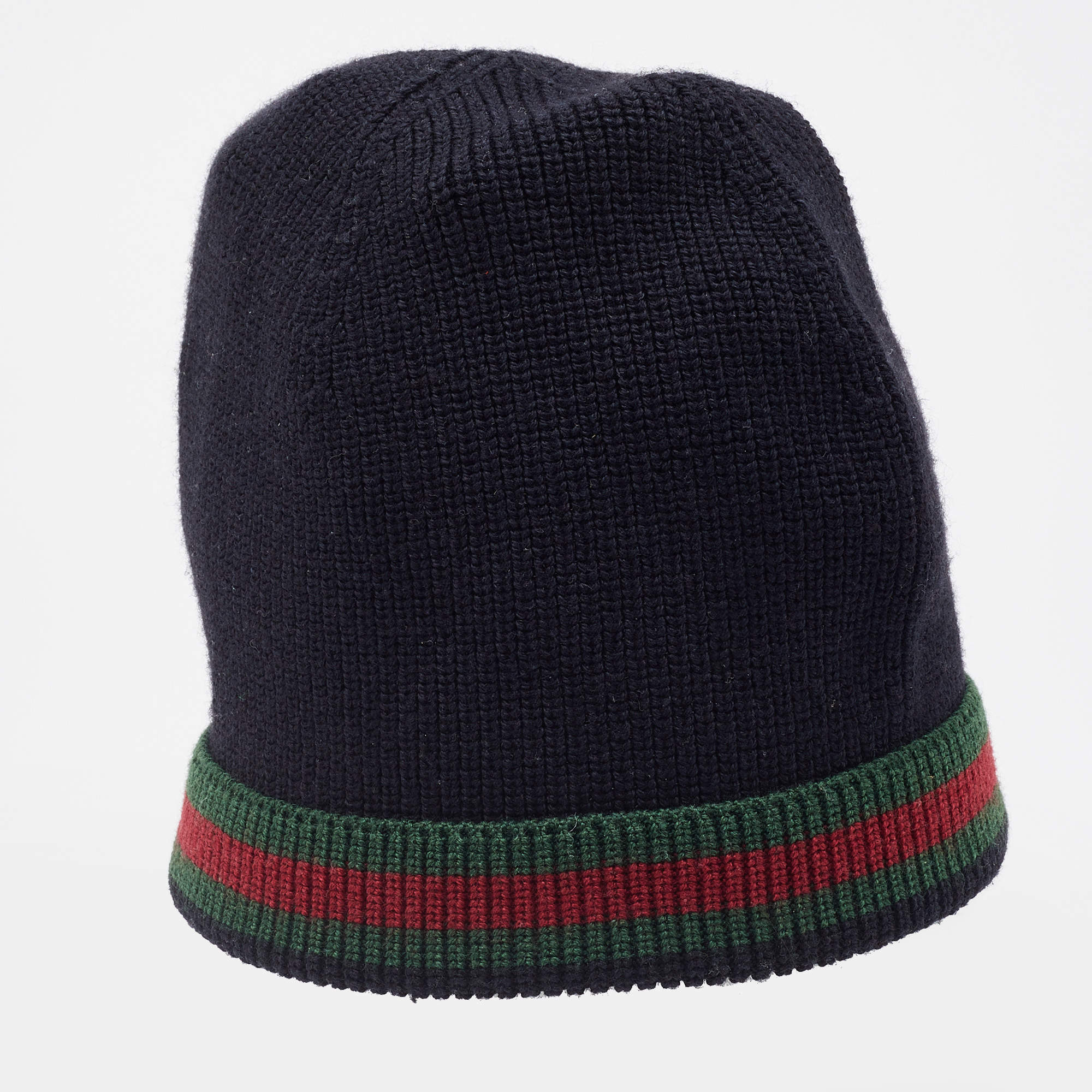Pre Owned Gucci Black Wool & Silk Web Stripe Beanie M