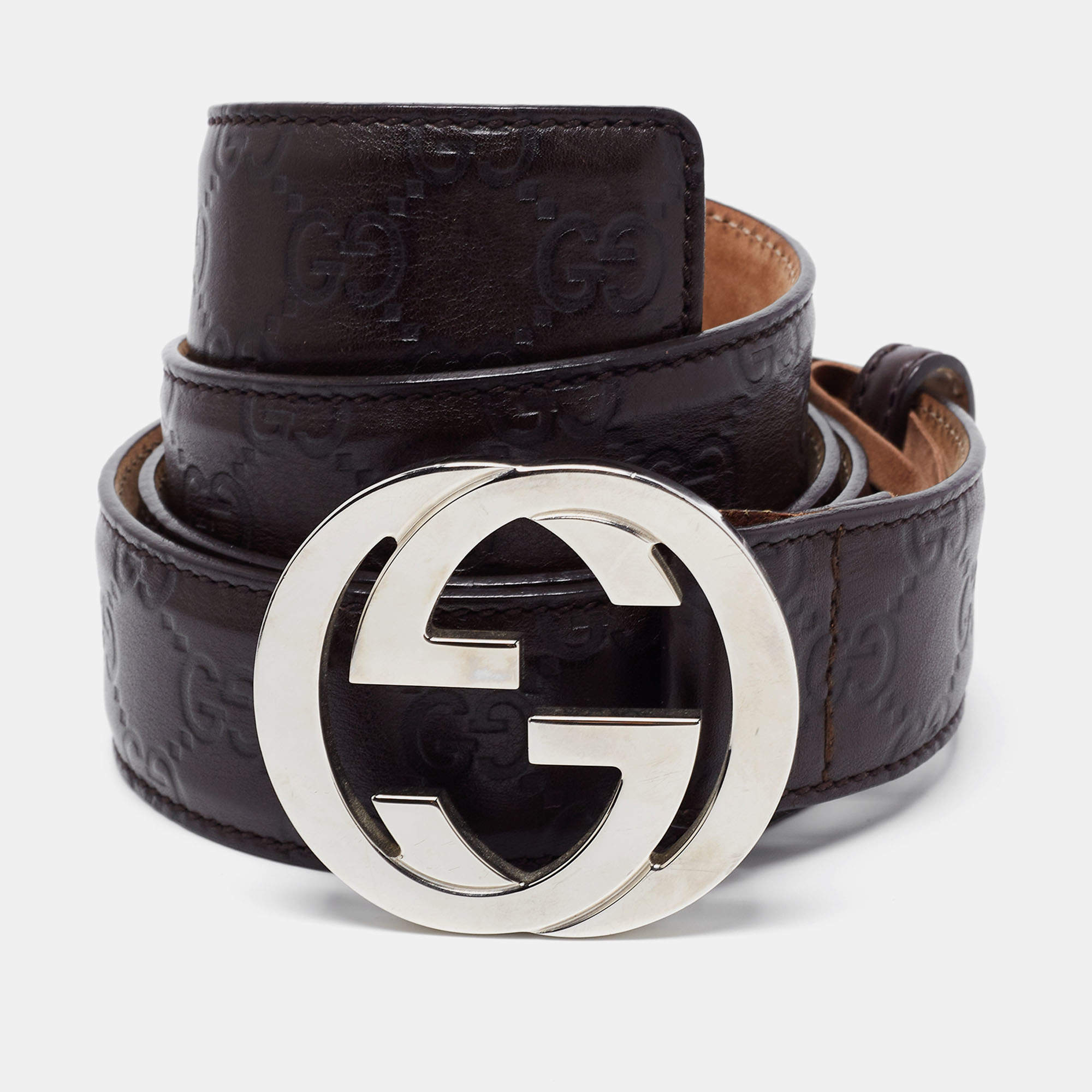 Pre Owned Gucci Dark Brown Guccissima Leather Interlocking G Buckle Belt 115CM