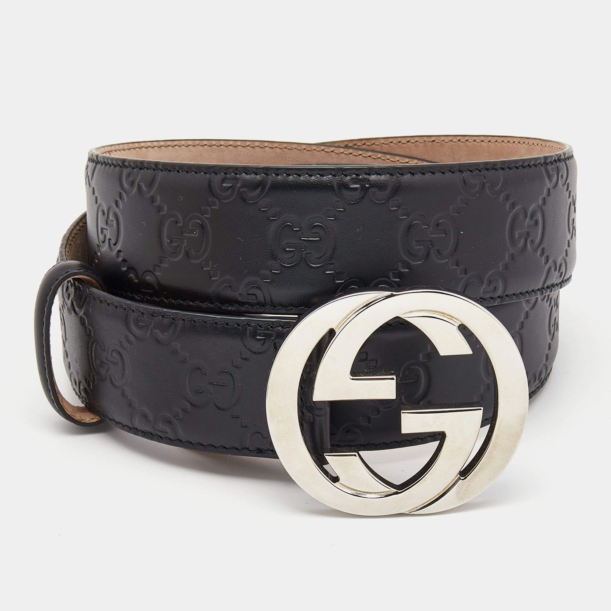 Pre Owned Gucci Black Guccissima Leather Interlocking G Buckle Belt 110CM
