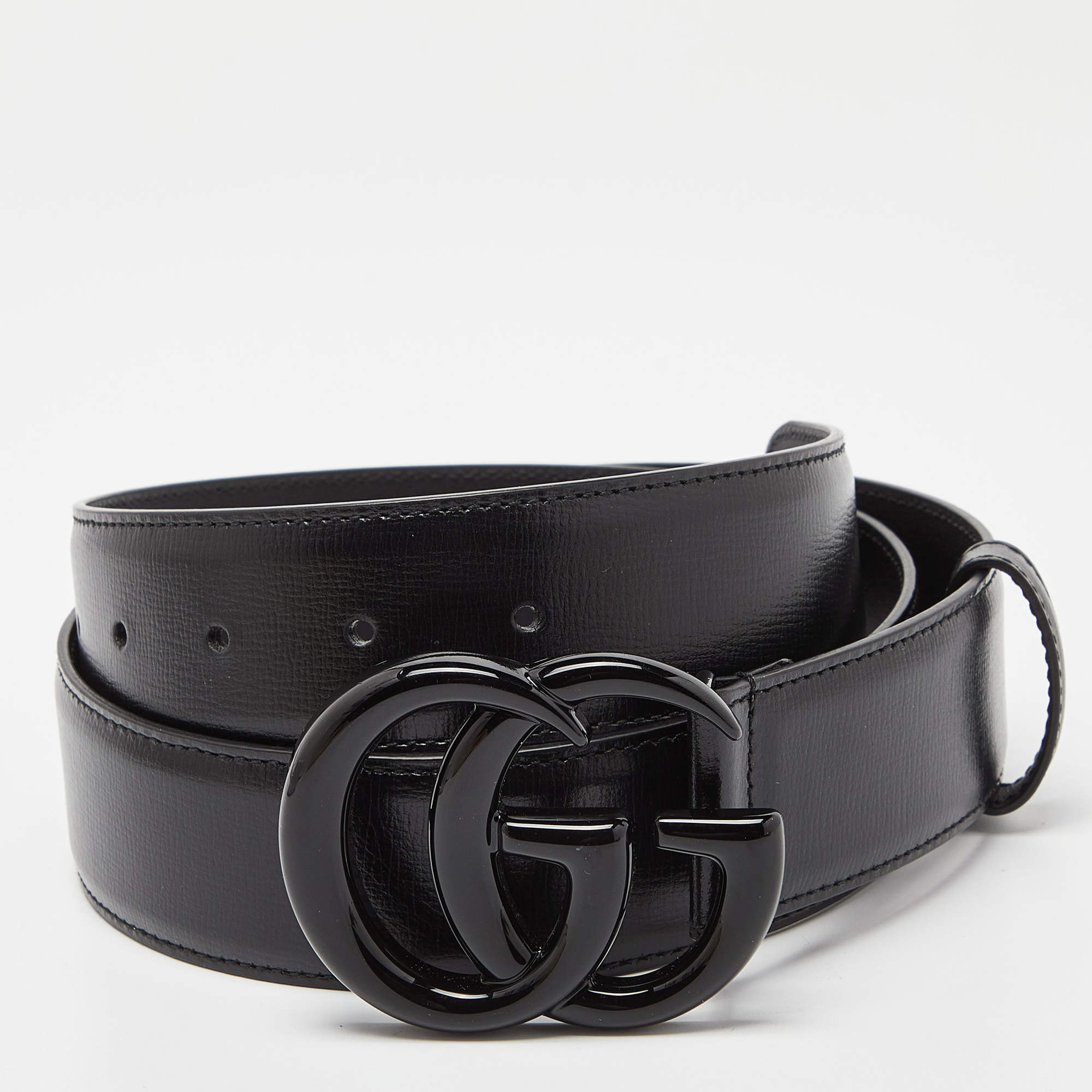 Pre Owned Gucci Black Leather Double G Buckle Belt 90 CM