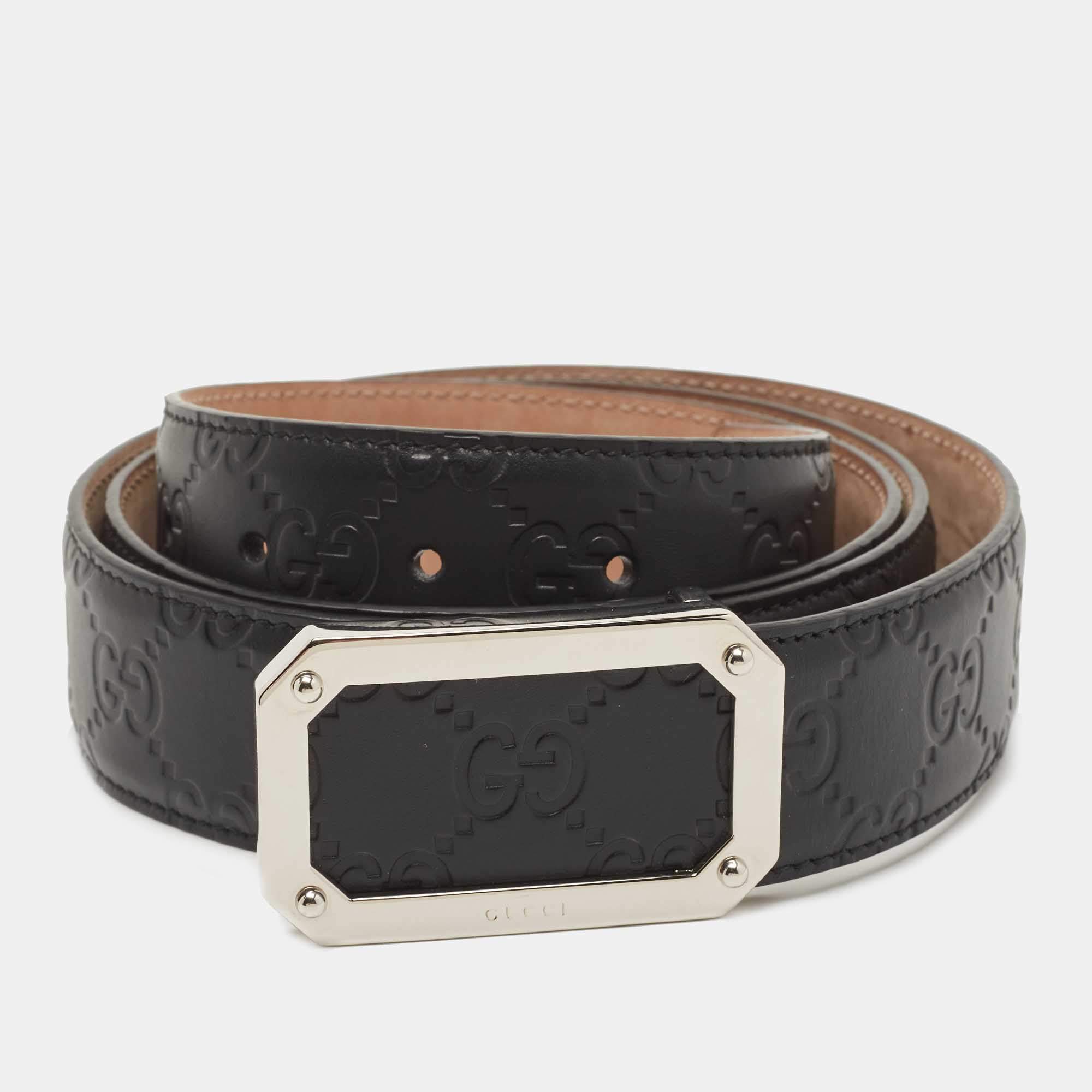 Pre Owned Gucci Black Guccissima Leather Square Buckle Belt 110CM