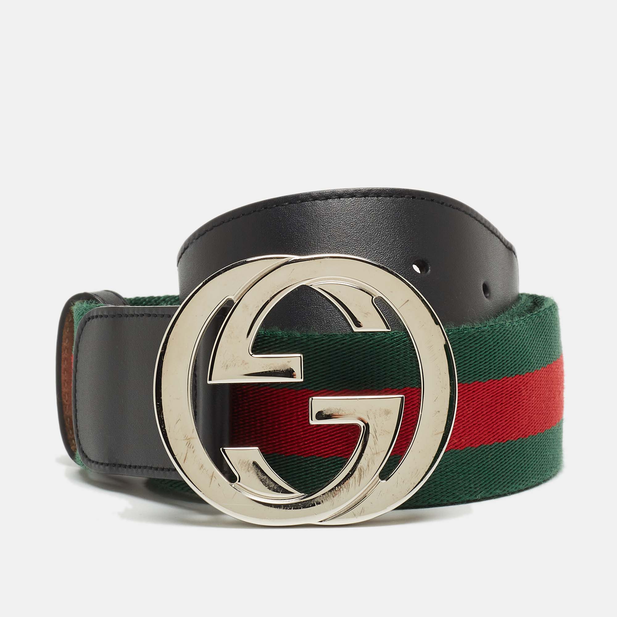 100% Authentic GG Silver Buckle Gucci Black leather belt Green/Red