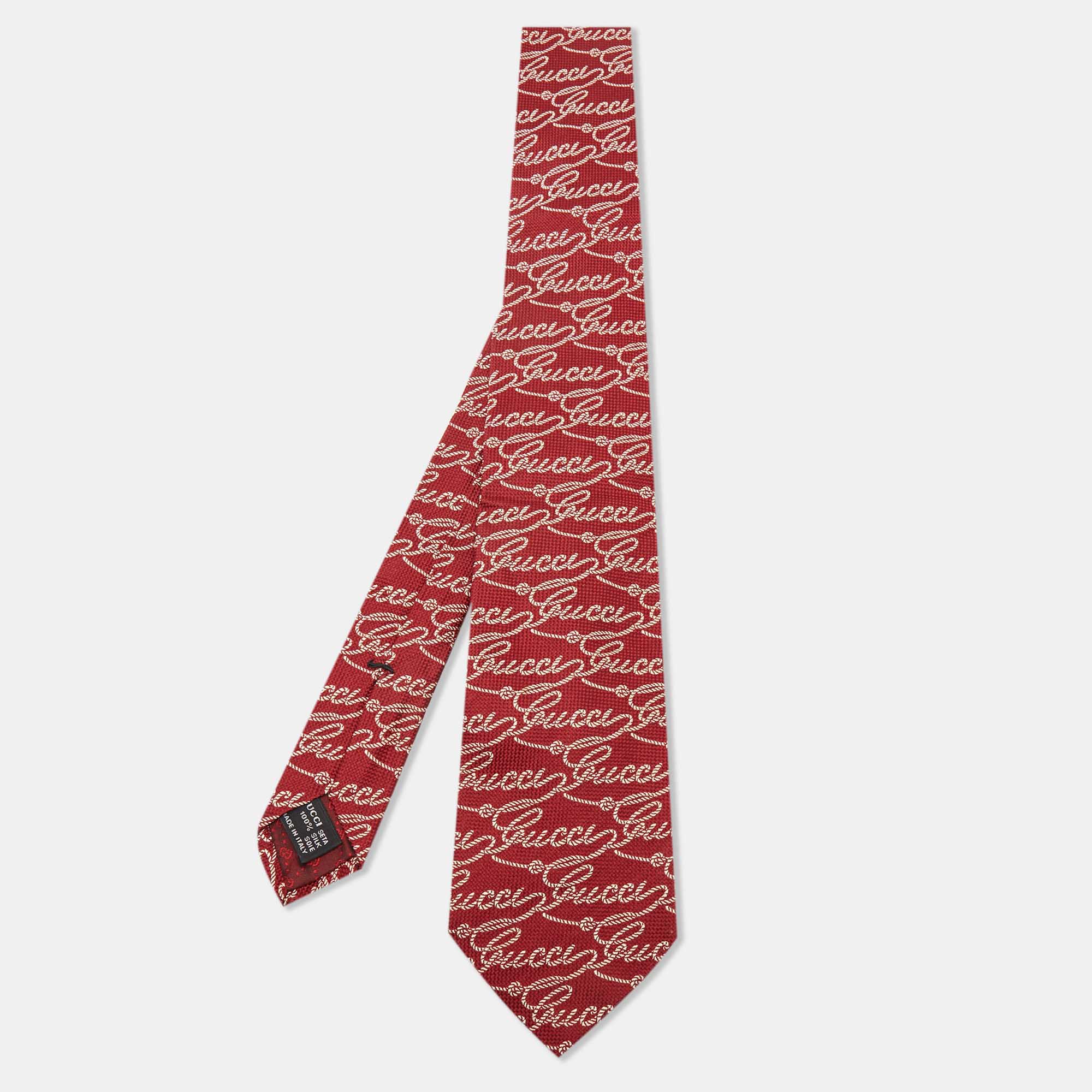 Pre Owned Gucci Red Logo Patterned Silk Tie