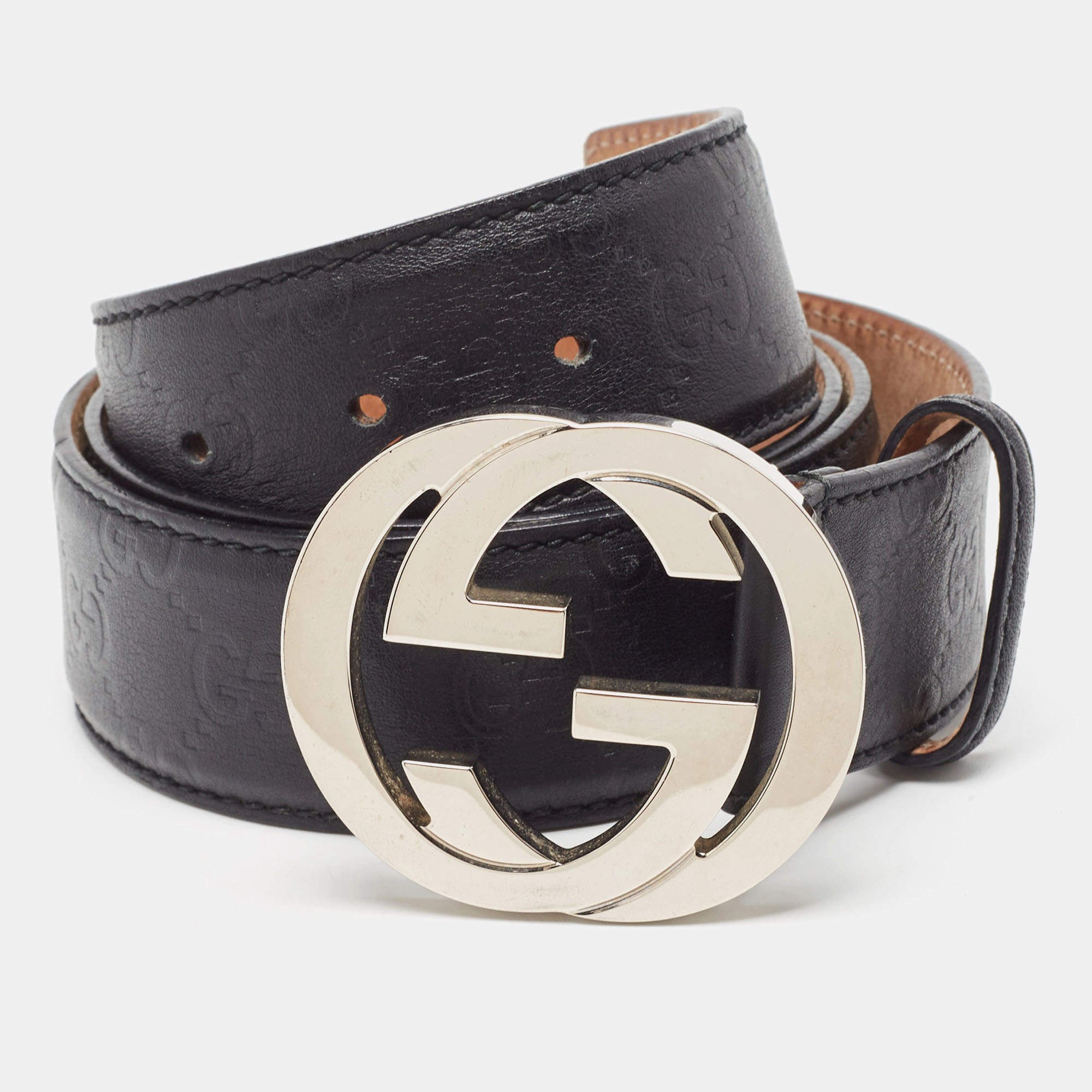 Pre Owned Gucci Black Guccissima Leather Interlocking G Buckle Belt 95 CM