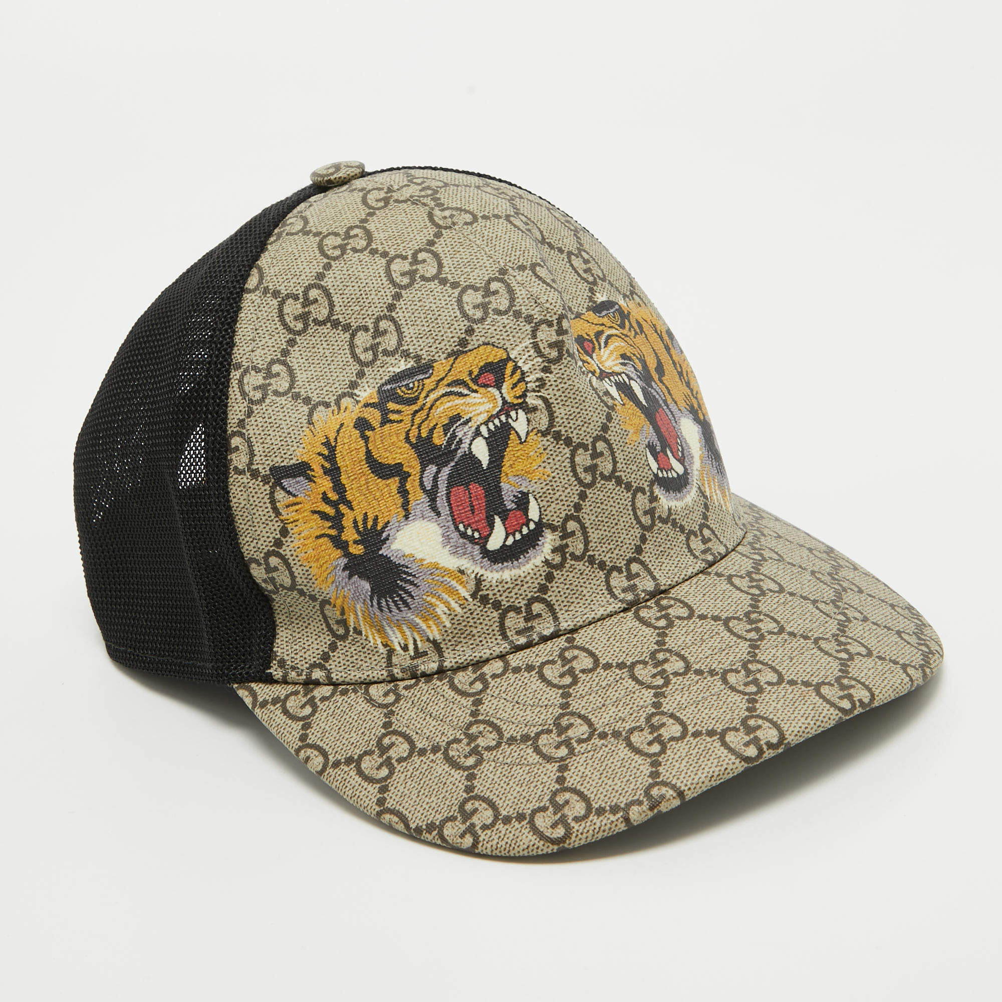 Gucci Beige Tiger Print GG Supreme Canvas & Mesh Baseball Cap S