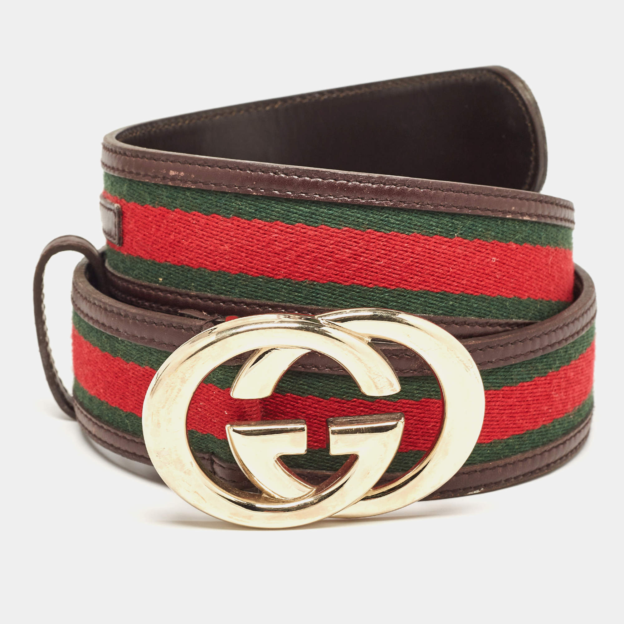 Pre Owned Gucci Choco Brown Leather and Fabric Web Interlocking G Buckle Belt 90CM