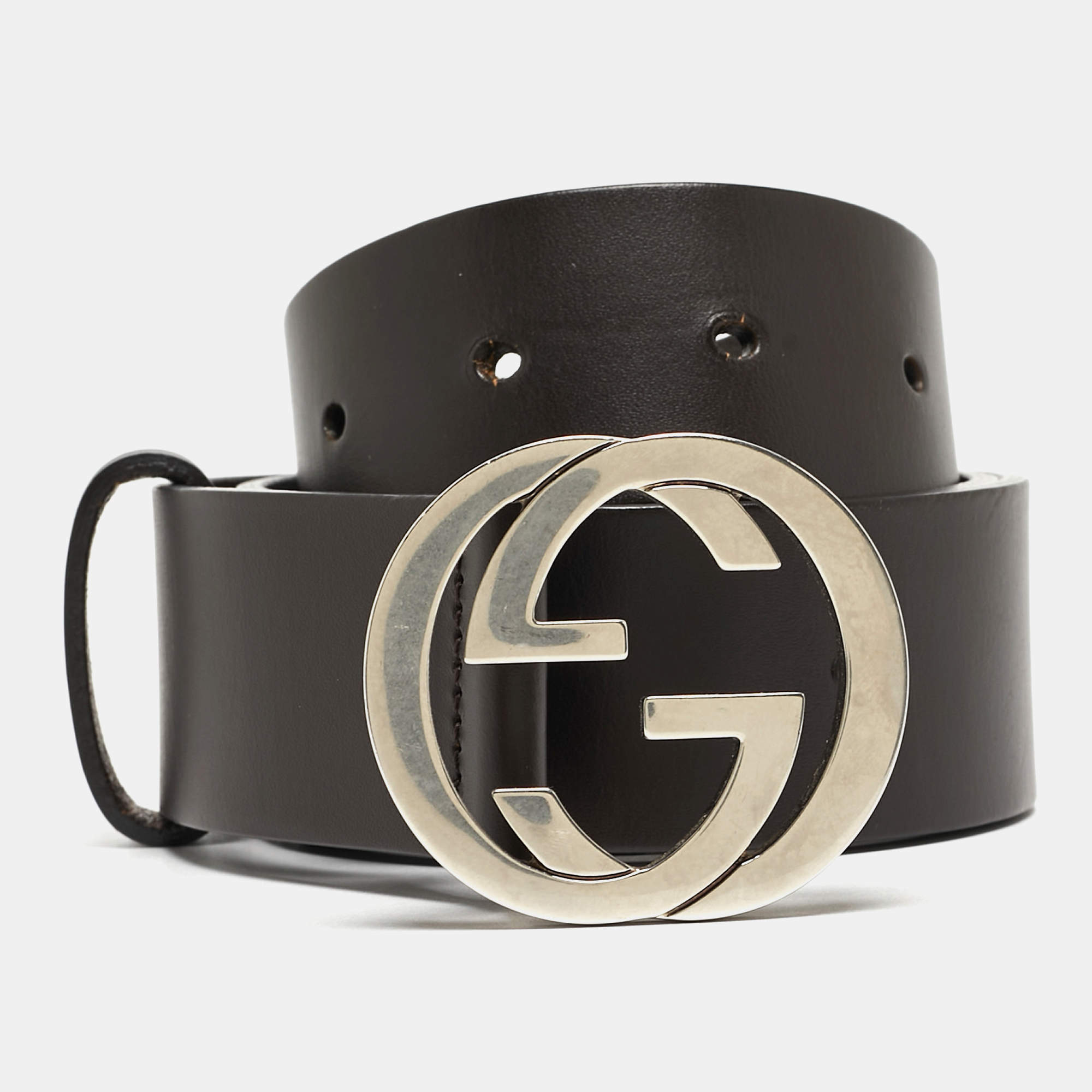 Gucci Dark Brown Leather Interlocking G Buckle Belt 85CM