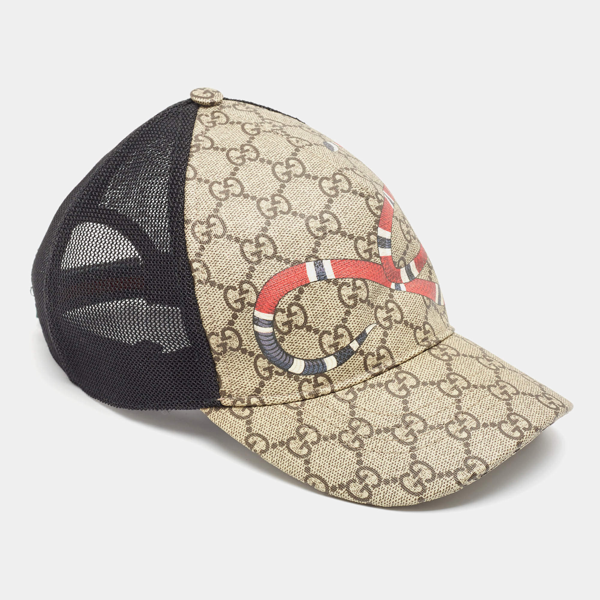 Gucci Beige Kingsnake Print GG Supreme Canvas and Mesh Baseball Cap M