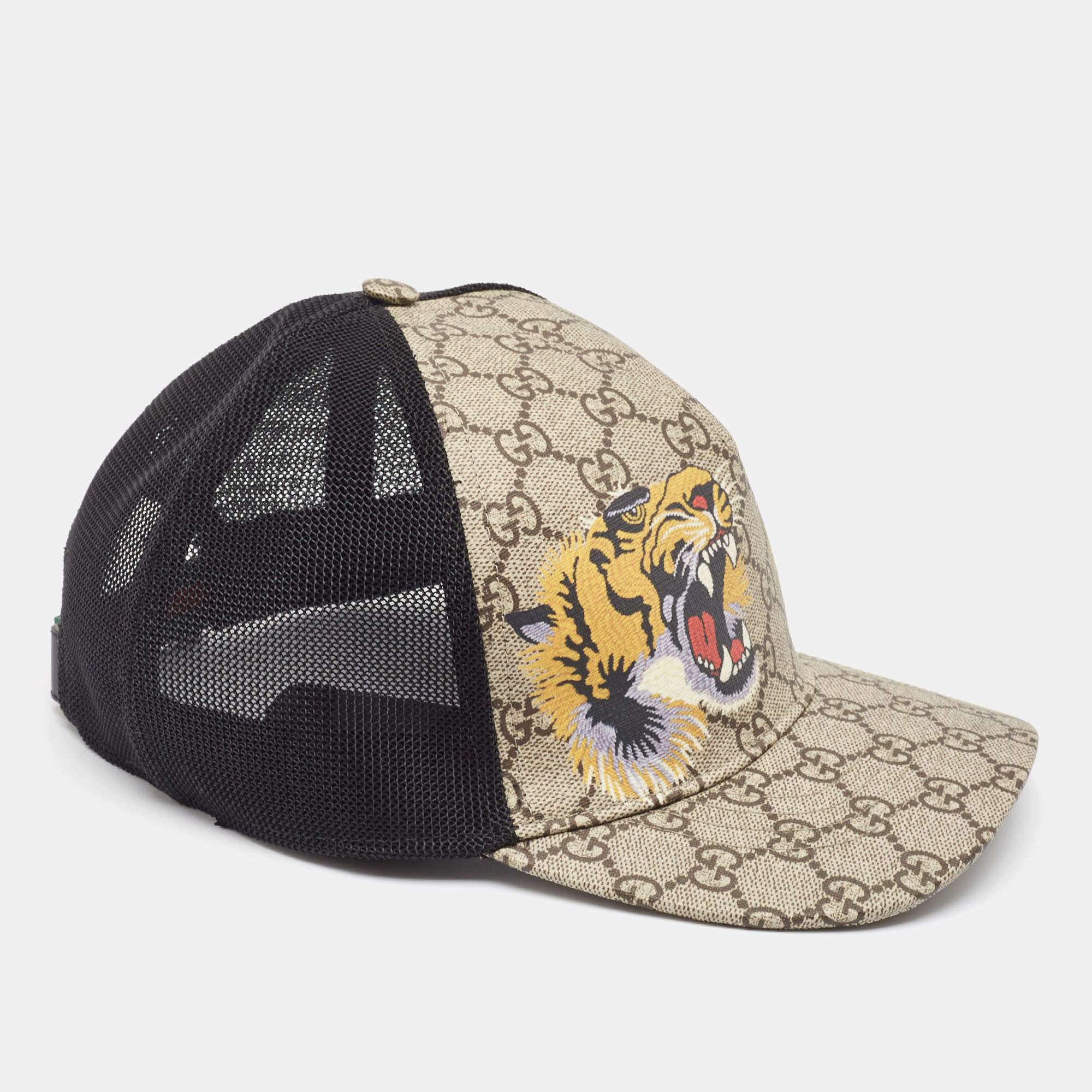 Gucci Beige Tiger Print GG Supreme Canvas & Mesh Baseball Cap XL