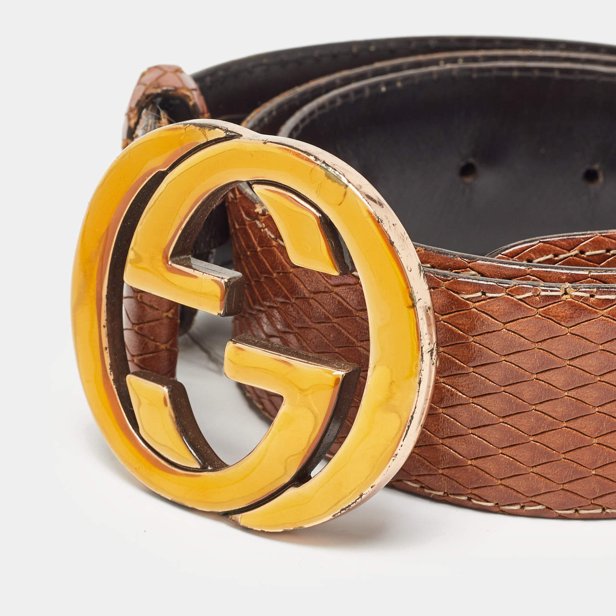 Gucci Brown Snakeskin Embossed Leather Interlocking G Belt 90CM Gucci TLC