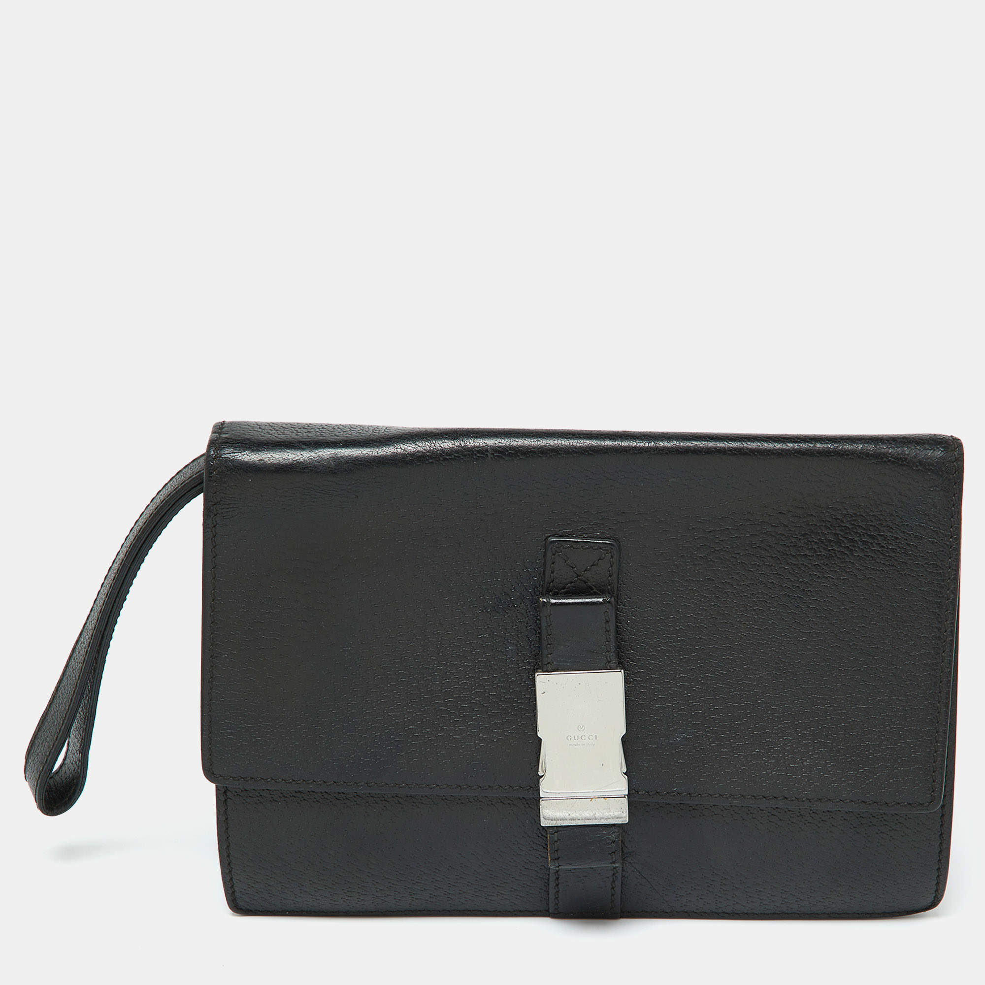 Gucci Black Leather Flap Wristlet Pouch