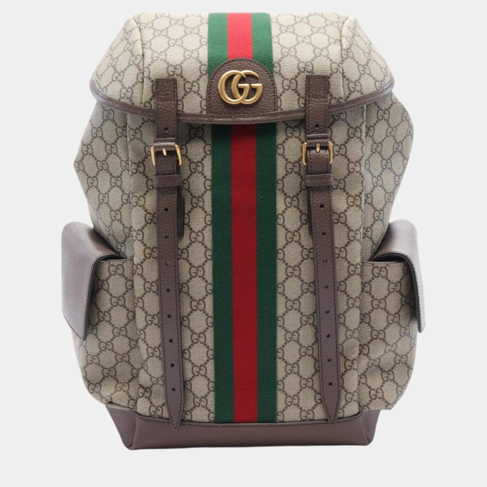 Gucci Beige Brown Multicolor Coated Canvas Leather Ophidia GG Supreme Backpack