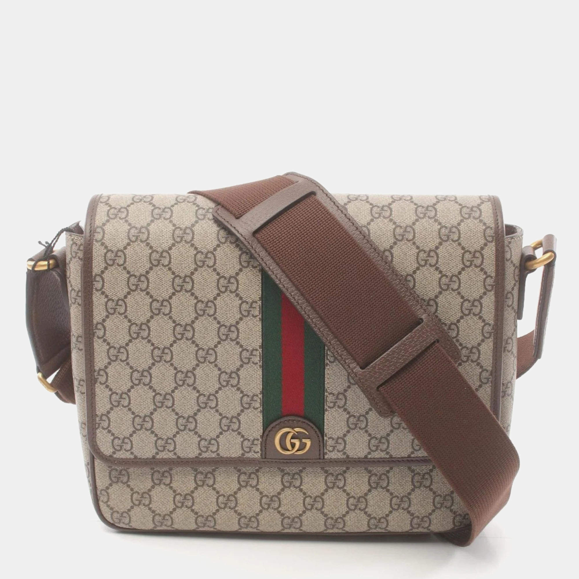 Gucci Beige Brown Multicolor Coated Canvas Leather Ophidia GG Supreme Medium Bag