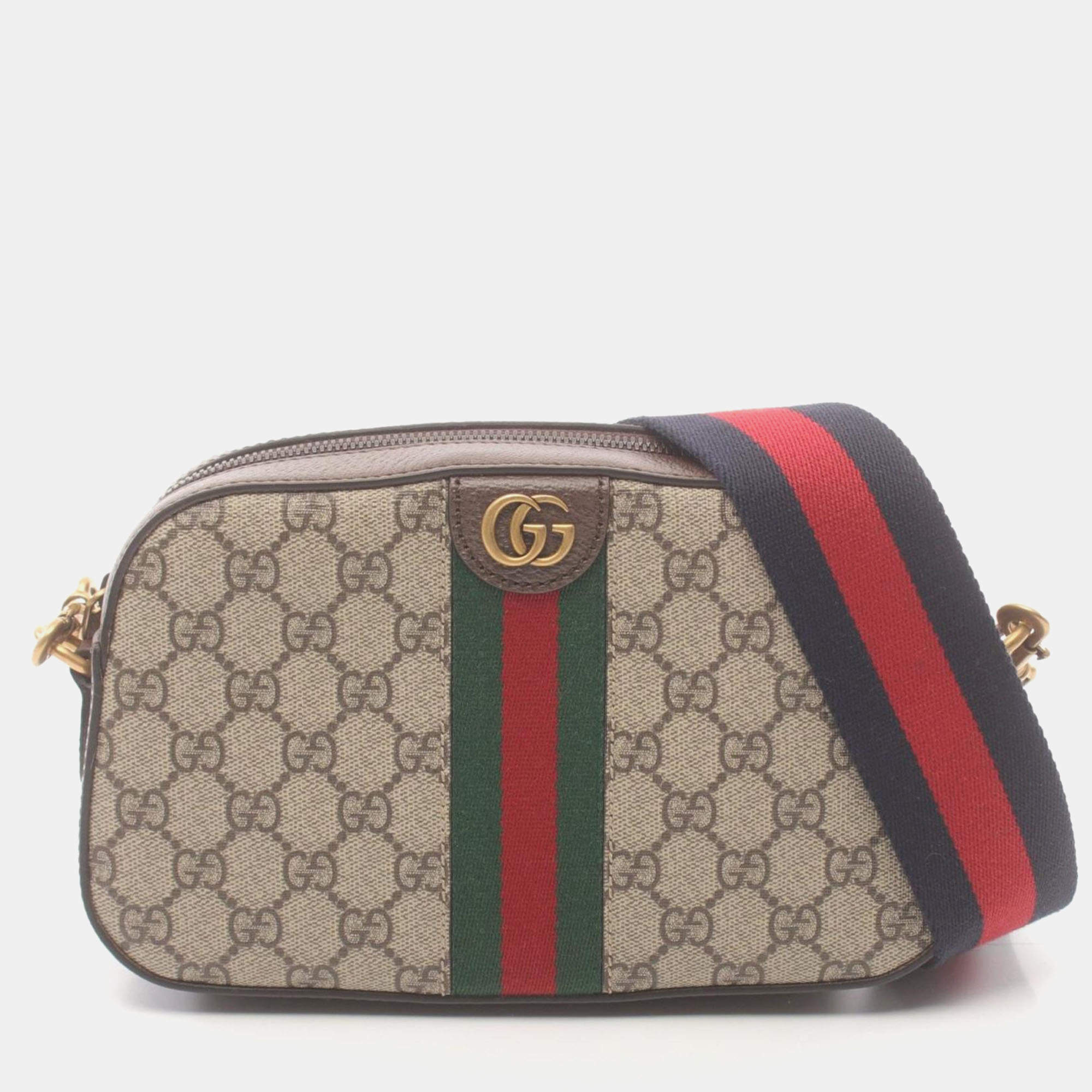 Gucci Beige Brown Multicolor Coated Canvas Leather Ophidia GG Supreme Small Crossbody Bag