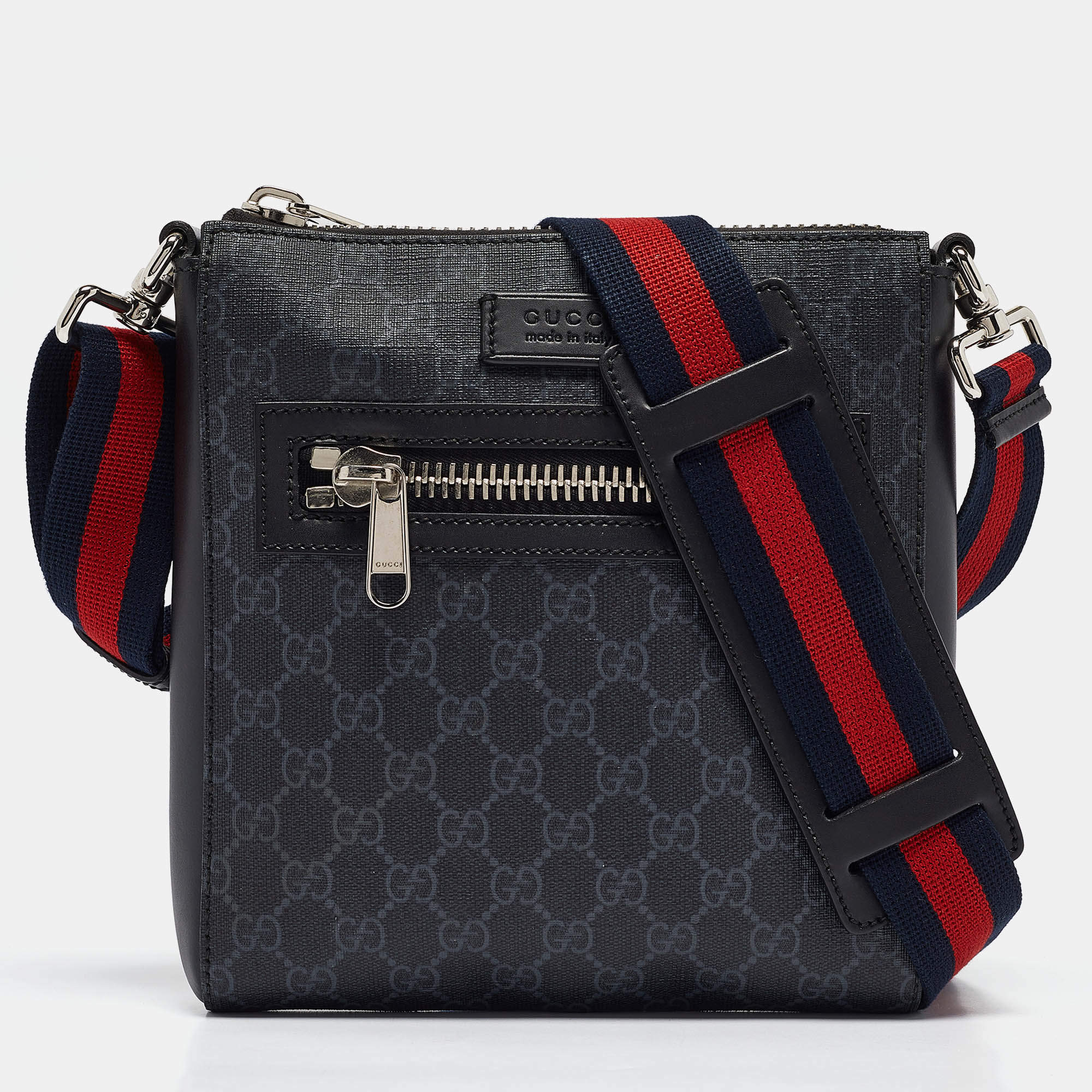 Gucci Black GG Supreme Canvas and Leather Small Web Messenger Bag