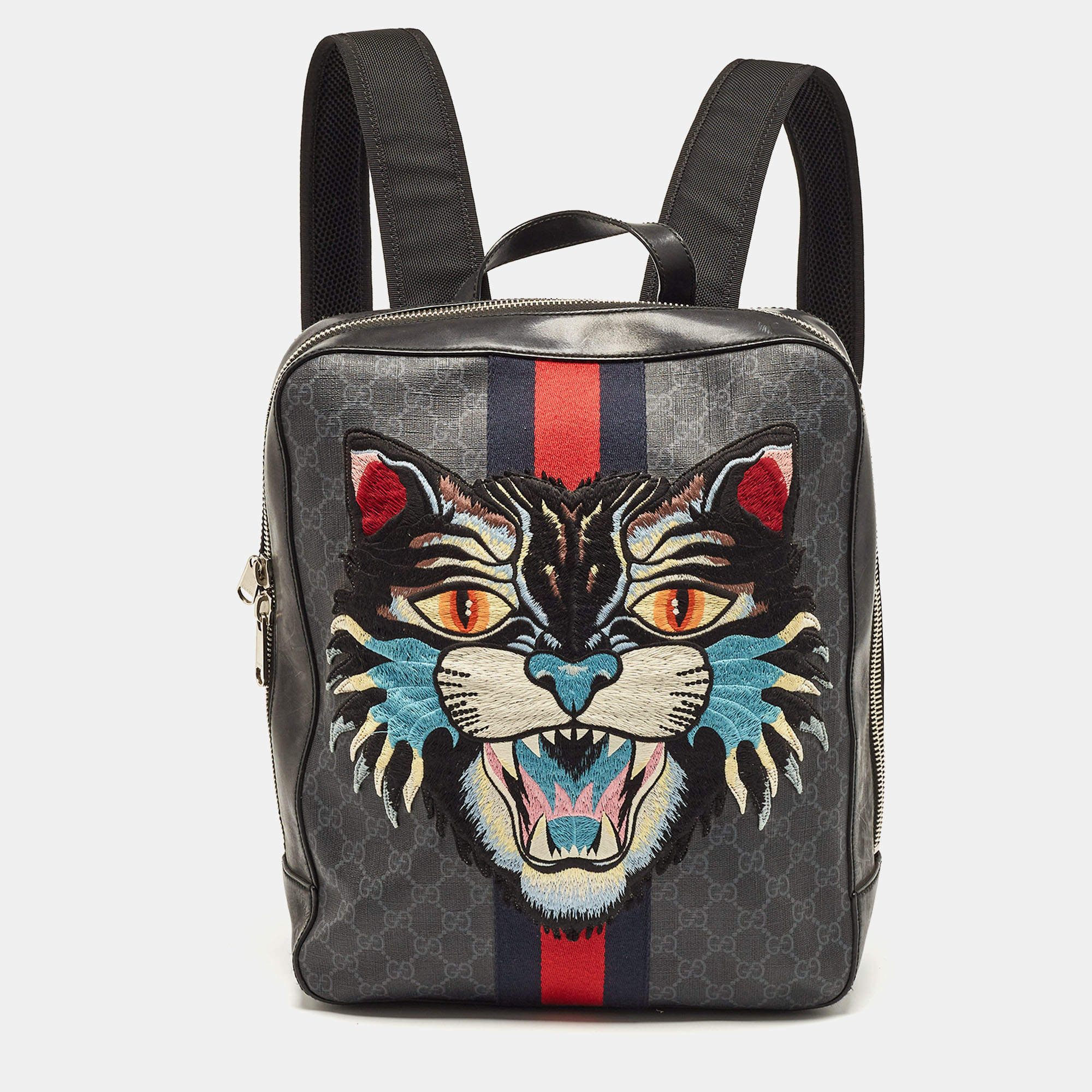 Pre Owned Gucci Black GG Supreme Canvas and Leather Angry Cat Backpack