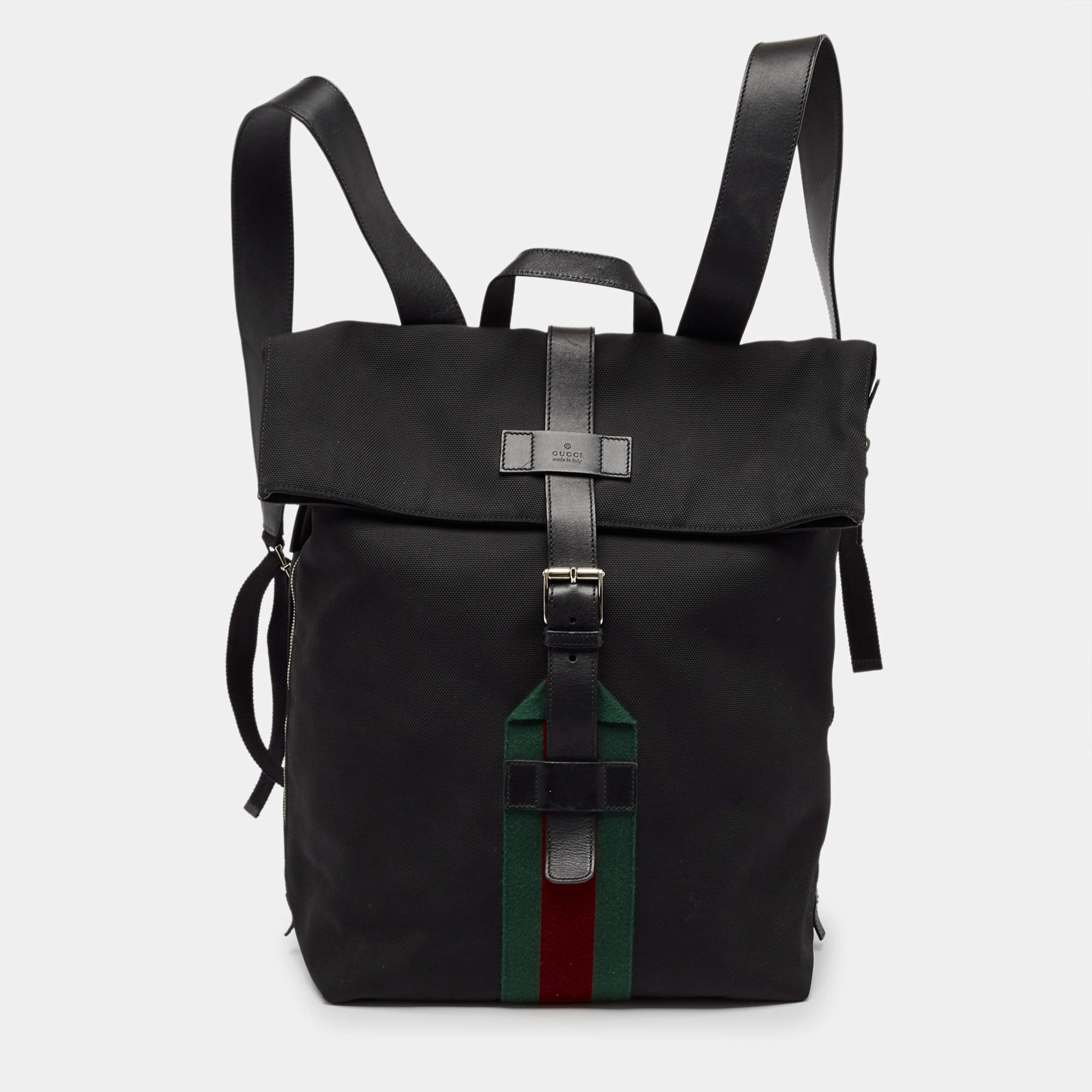 Gucci Black Leather and Nylon Web Fold Over Backpack