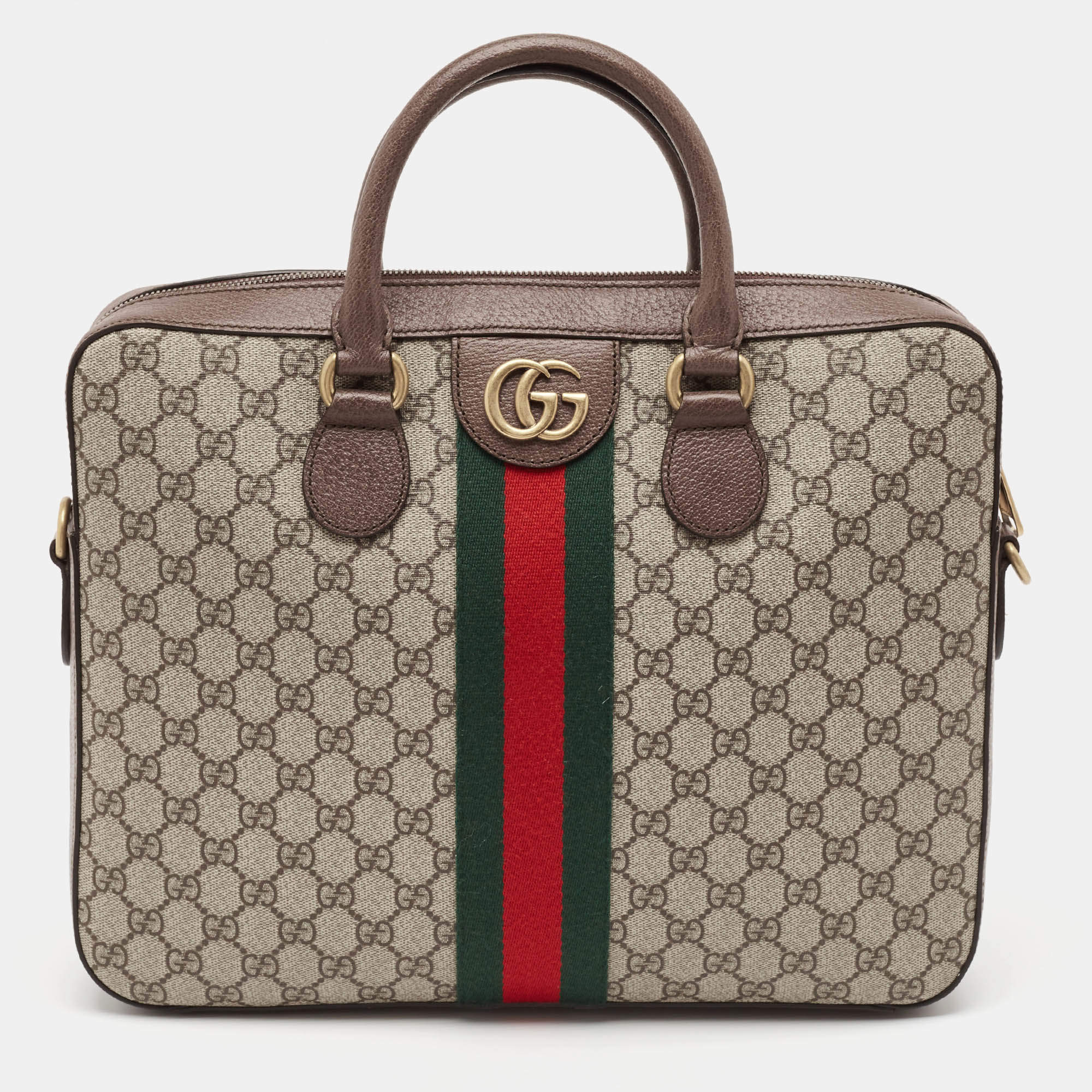 Gucci Brown/Beige GG Supreme Canvas Web Ophidia Briefcase