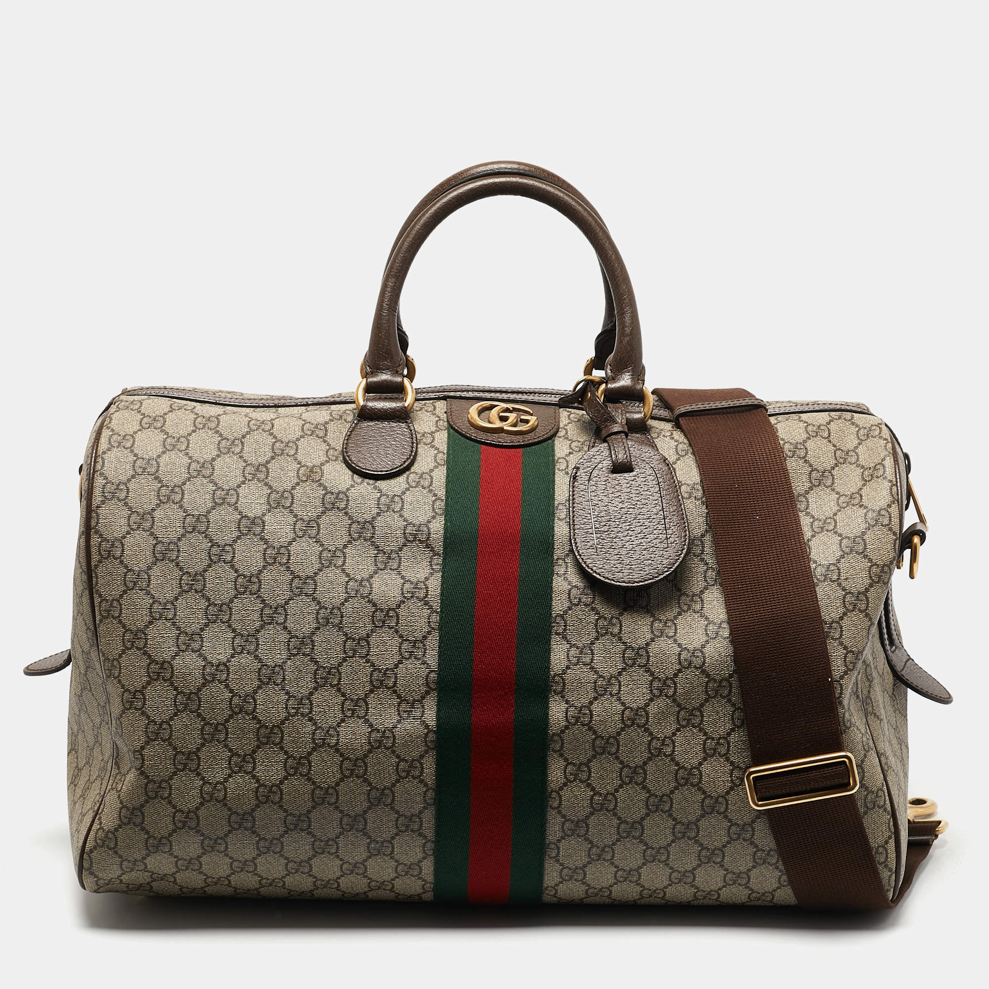Gucci Brown/Beige GG Supreme Canvas Web Ophidia Carry-On Duffle Bag 