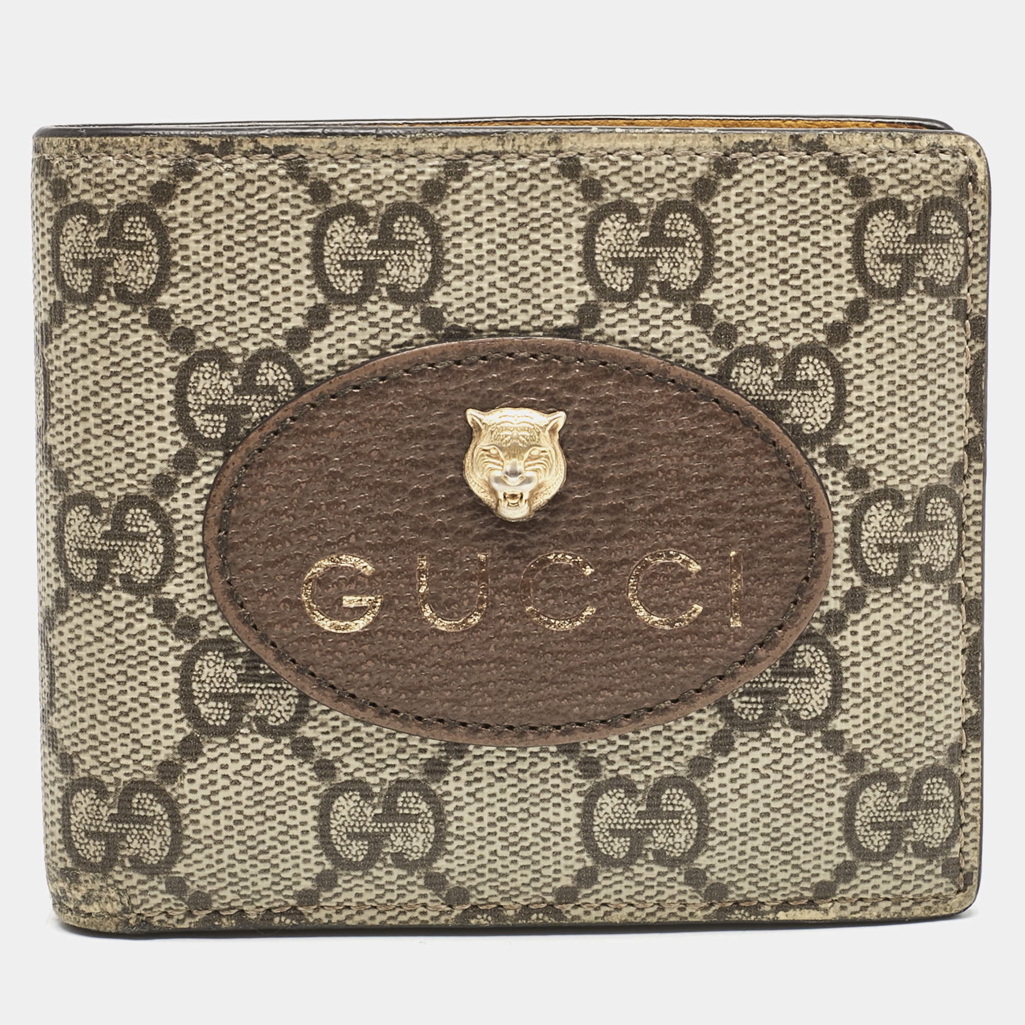 Gucci Beige/Brown GG Supreme Canvas and Leather Tiger Head Bifold Wallet