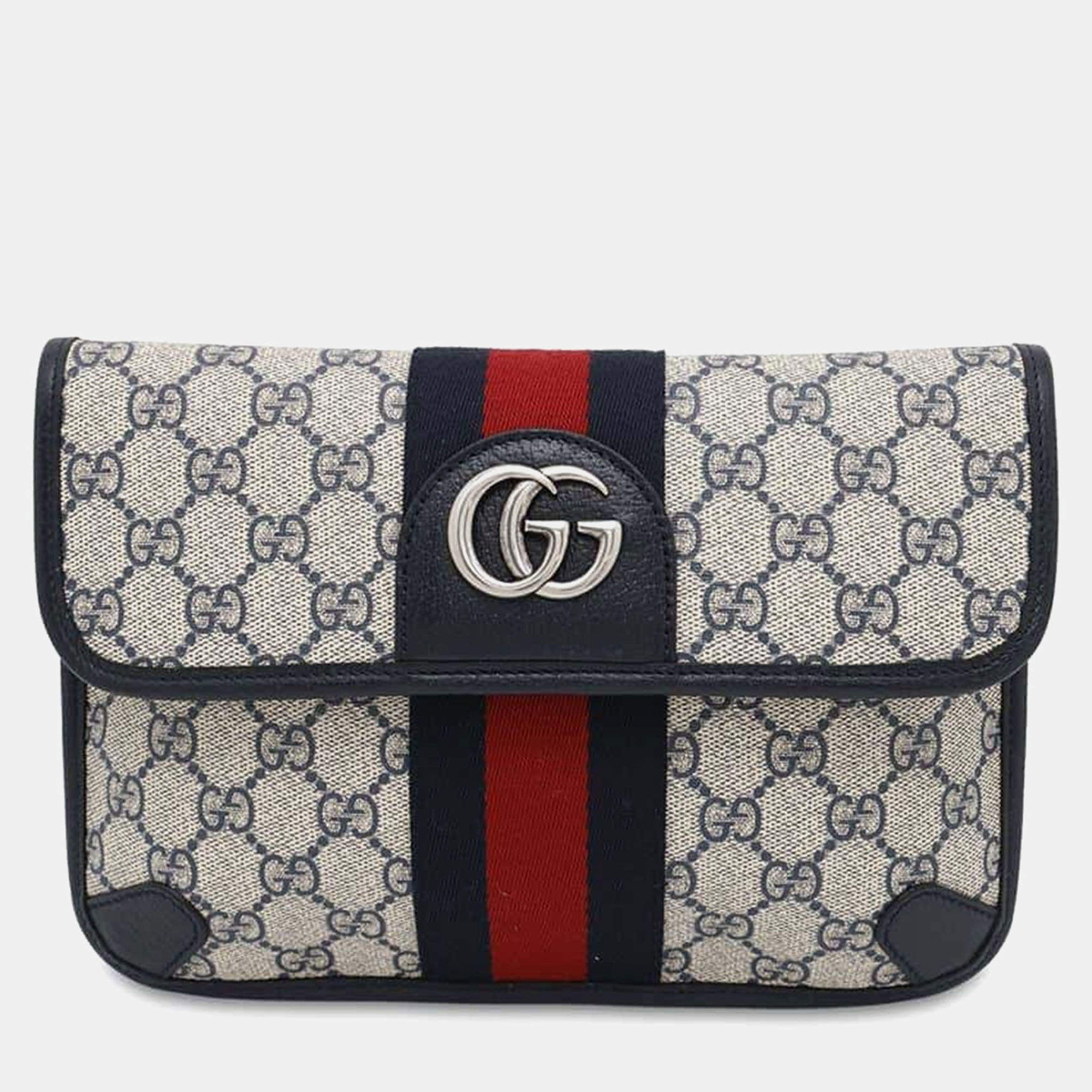  Gucci Beige/Navy/Red Supreme Leather Gg Supreme Ophidia Belt Bag 