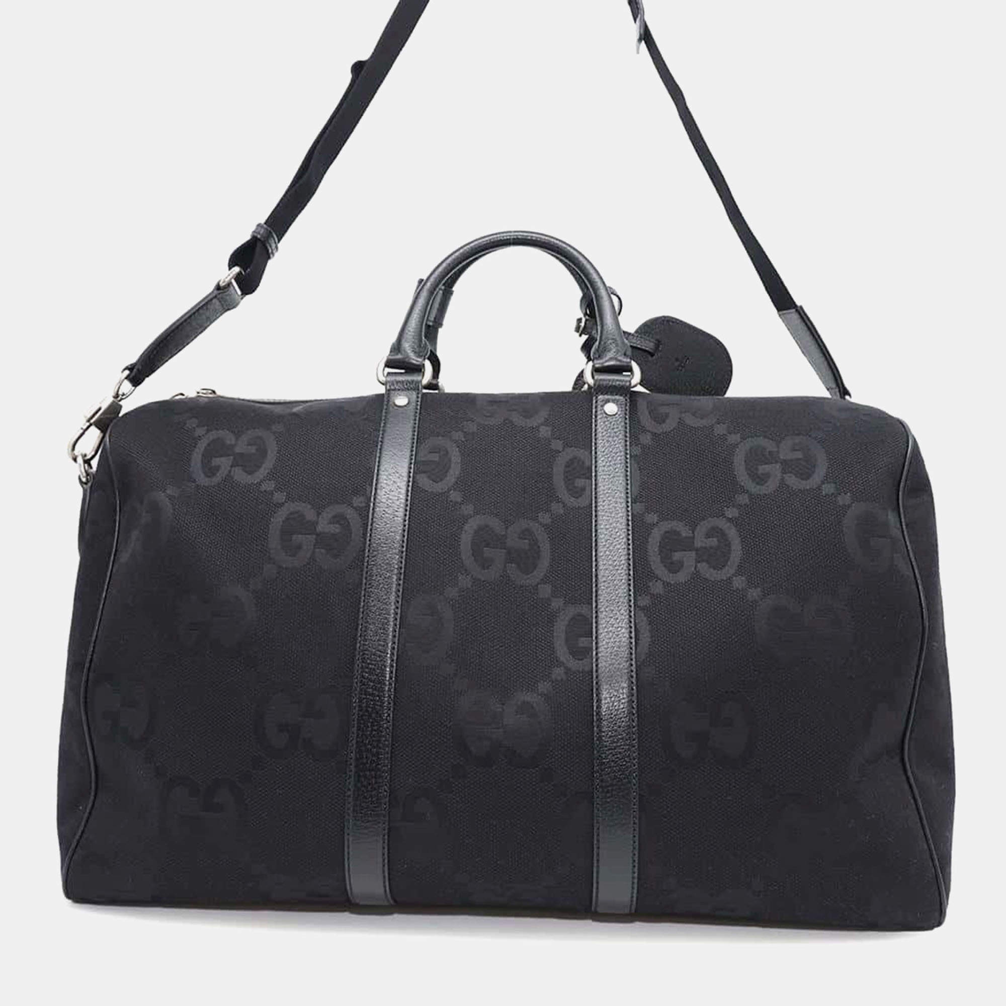Gucci Black Canvas Leather Jumbo GG Duffle Travel Bag