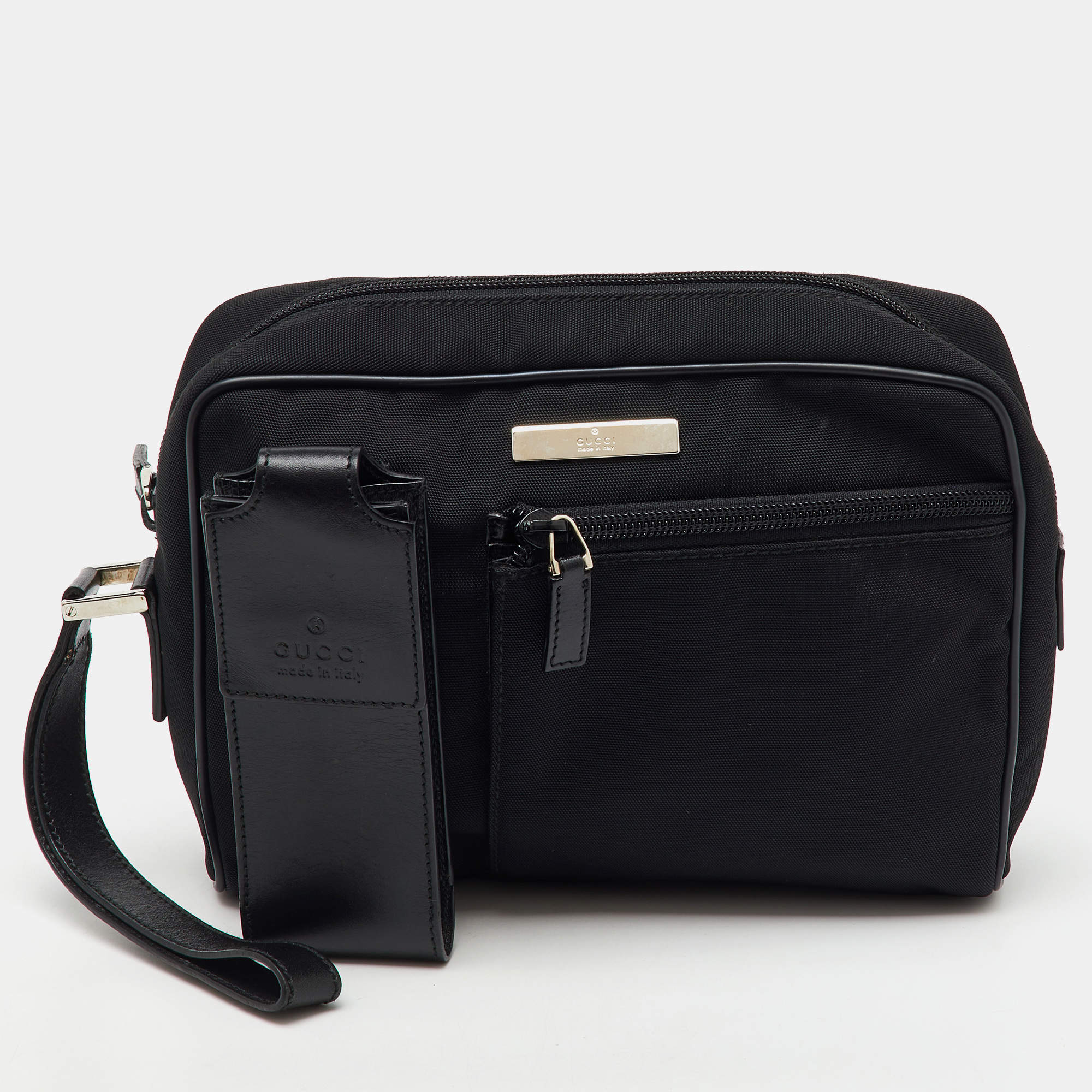 Gucci Black Nylon and Leather Wristlet Zip Pouch