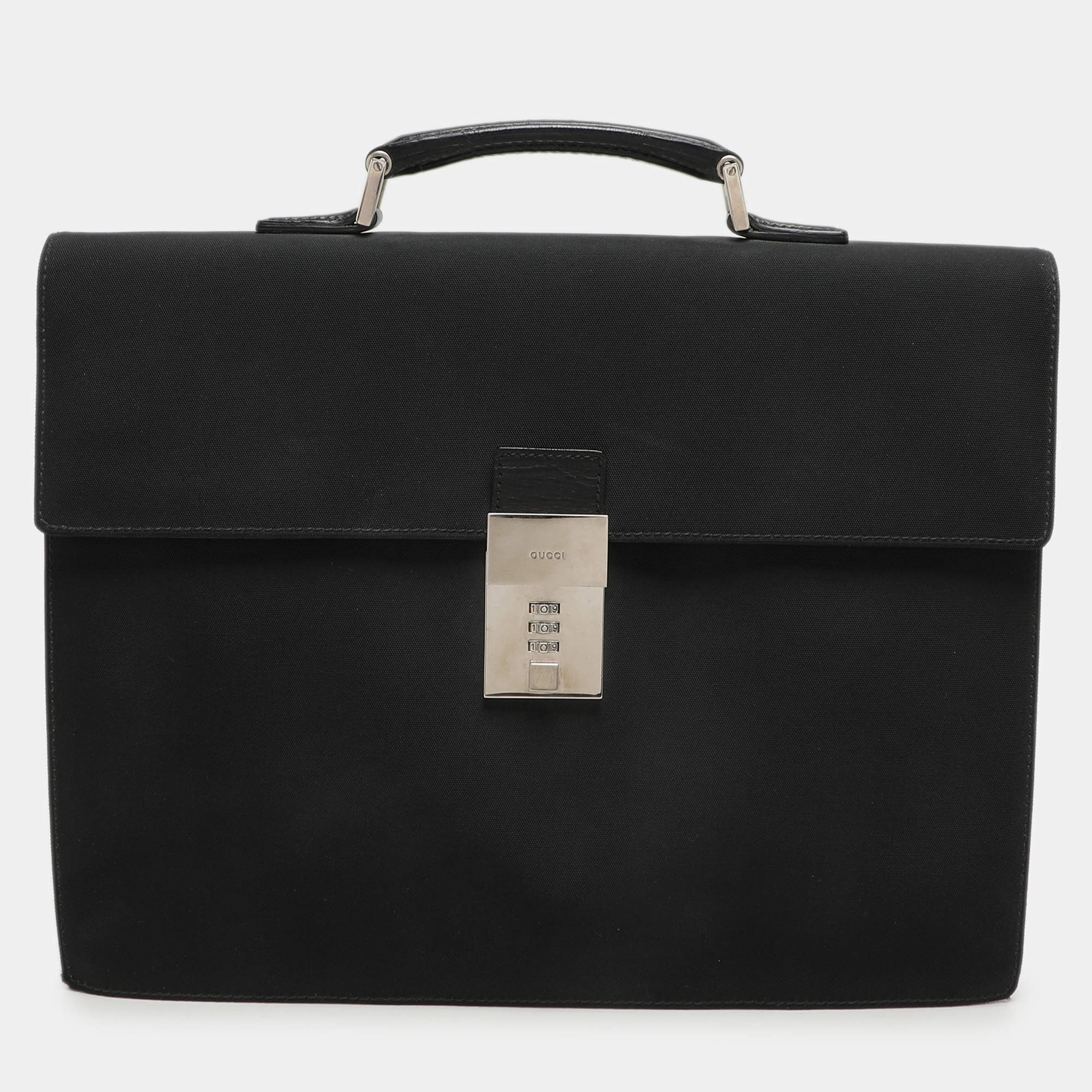Gucci Black Nylon and Leather Combination Lock Briefcase