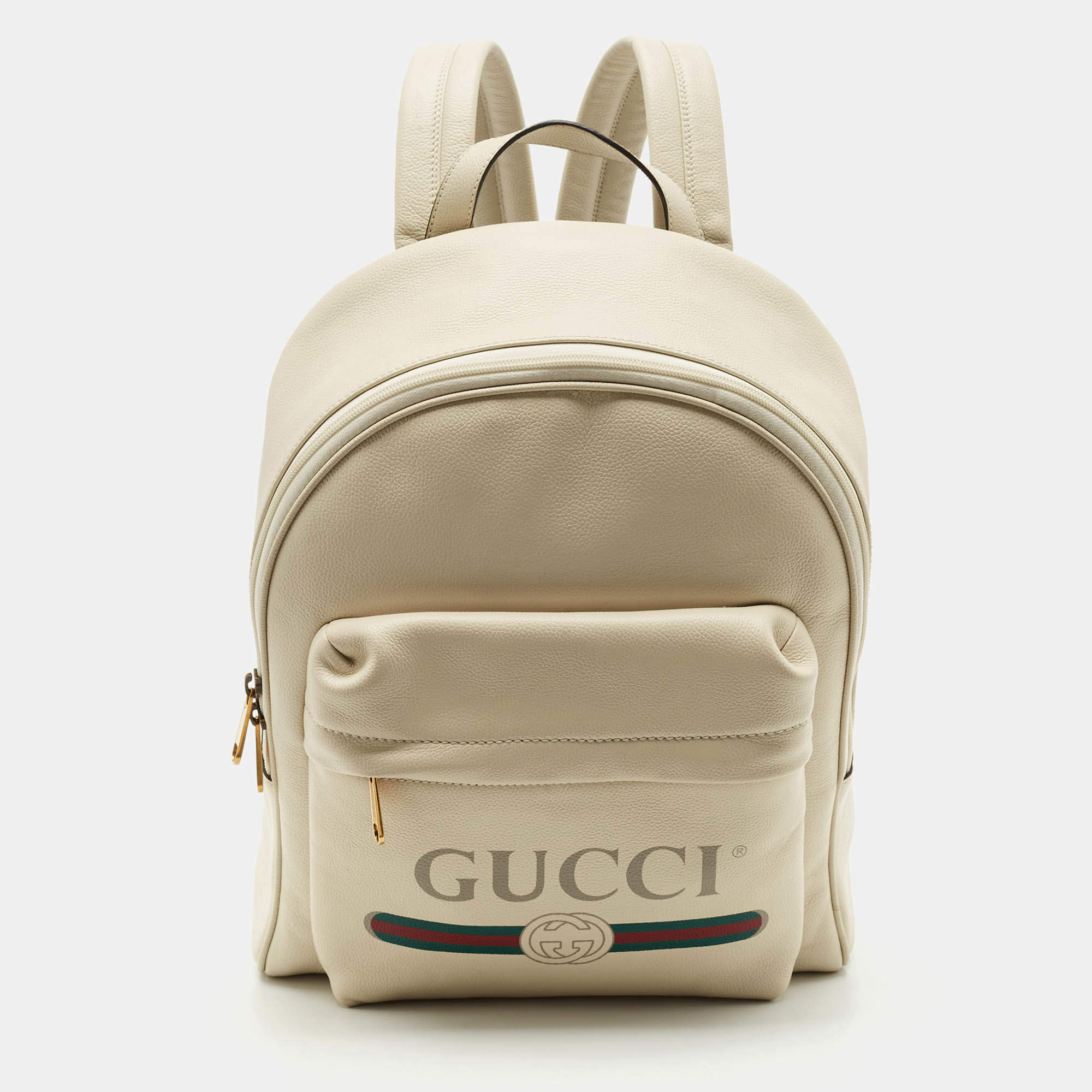Gucci Off White Leather Logo Print Backpack