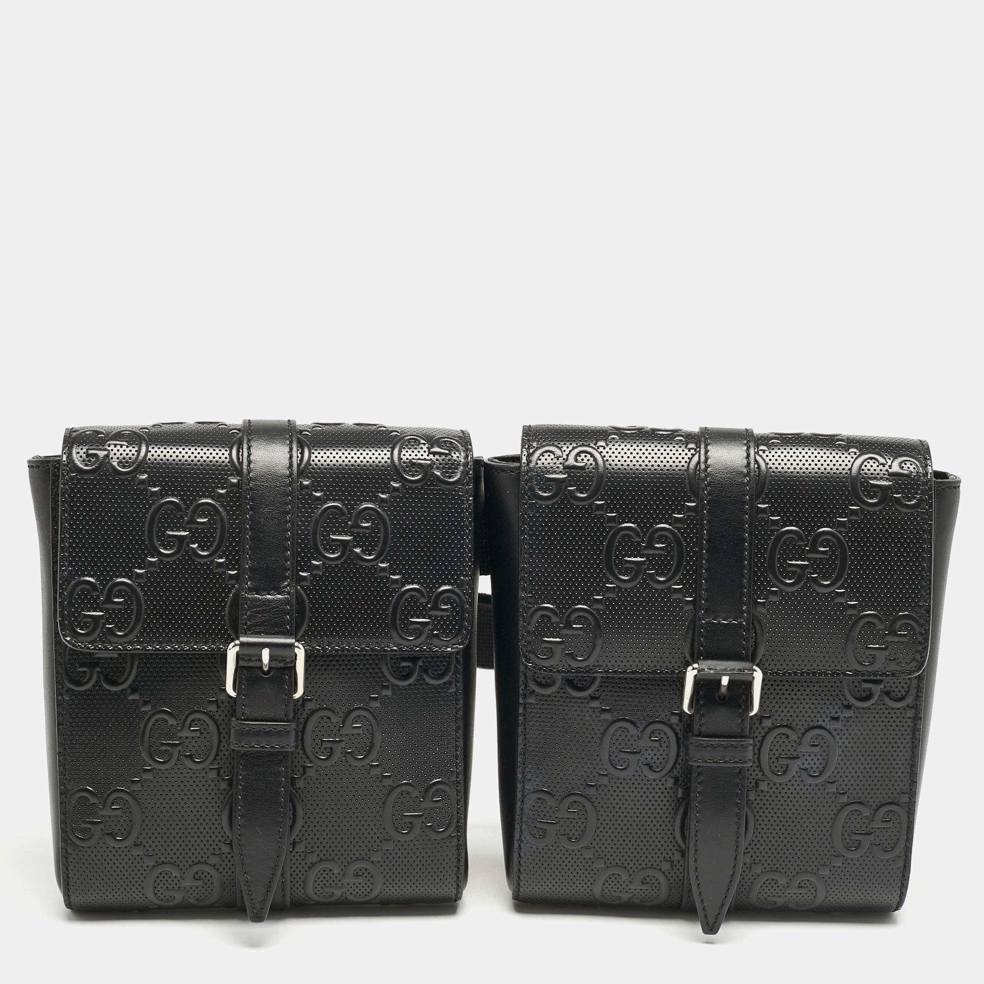 Gucci Black GG Embossed Perforated Leather Double Belt Bag