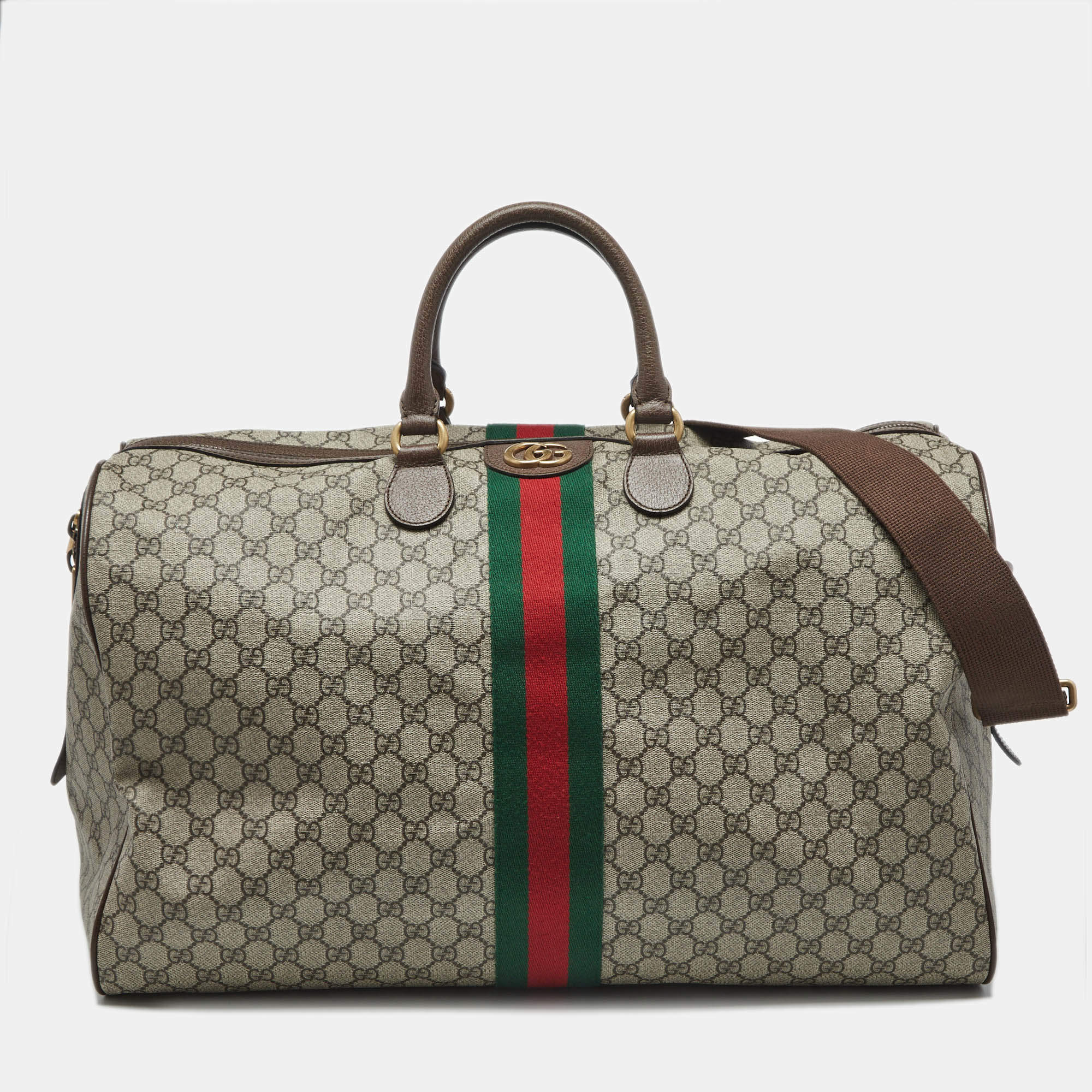 Pre Owned Gucci Beige/Brown GG Supreme Canvas and Leather Large Savoy Duffle Bag