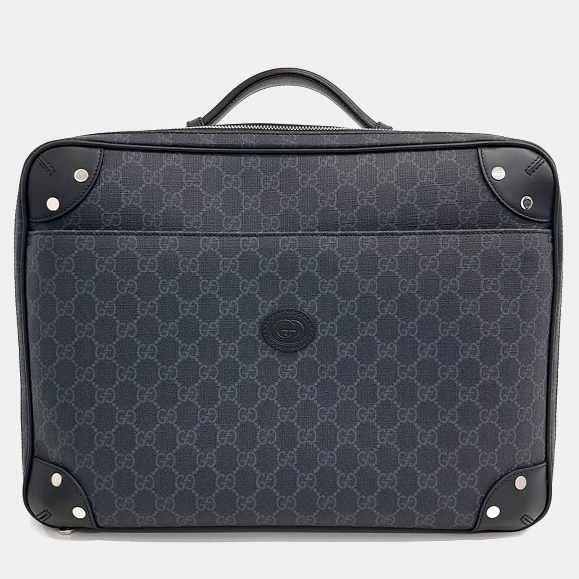 Pre Owned Gucci Black GG Supreme Coated Canvas Leather Backpack Briefcase